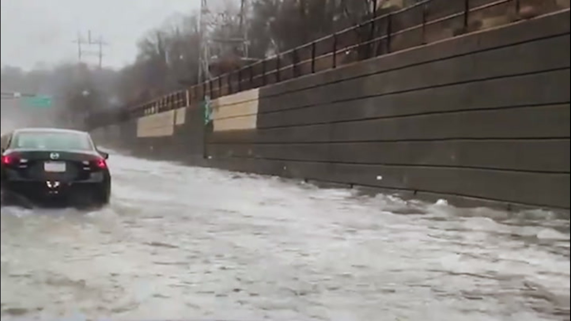 A dangerous flash flood washed over Interstate 76 near Philadelphia, Pennsylvania, on Jan. 25, making driving treacherous.