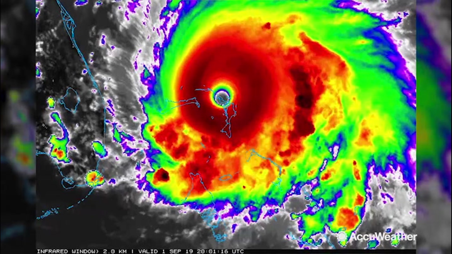 This satellite loop shows Hurricane Dorian slowly moving along a devastating path over the northern Bahama islands on Sept. 1, and into Sept. 2. At the end of the loop, Dorian all but stalls over Grand Bahama Island, grinding to a near halt with westward movement at just 1 mph. The storm weakened slightly but still featured Category 5 sustained wind speeds of 165 mph by the morning of Monday, Sept. 2.