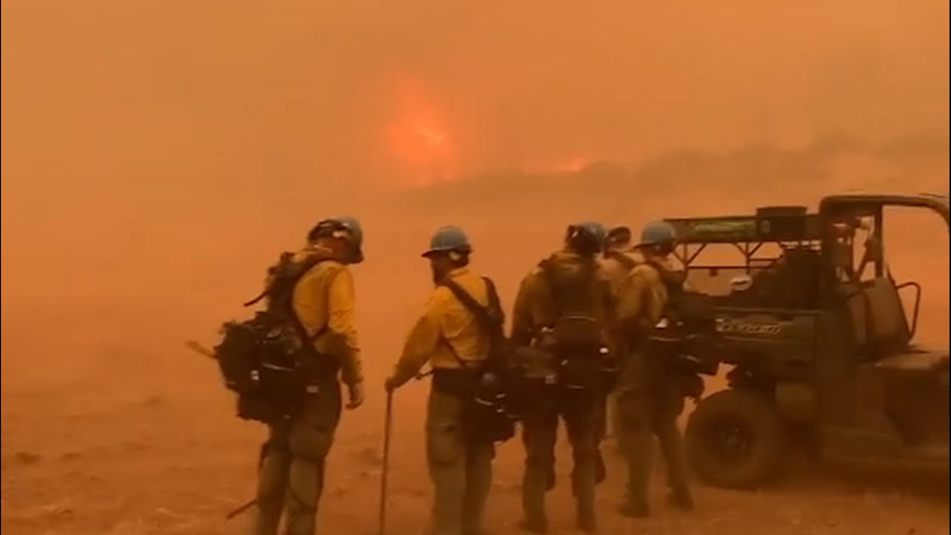 Powerful winds are seen  blasting firefighters battling the Cameron Peak Fire in Larimer County, Colorado, in footage that was posted on Oct.19. The wildfire is the largest in Colorado history.