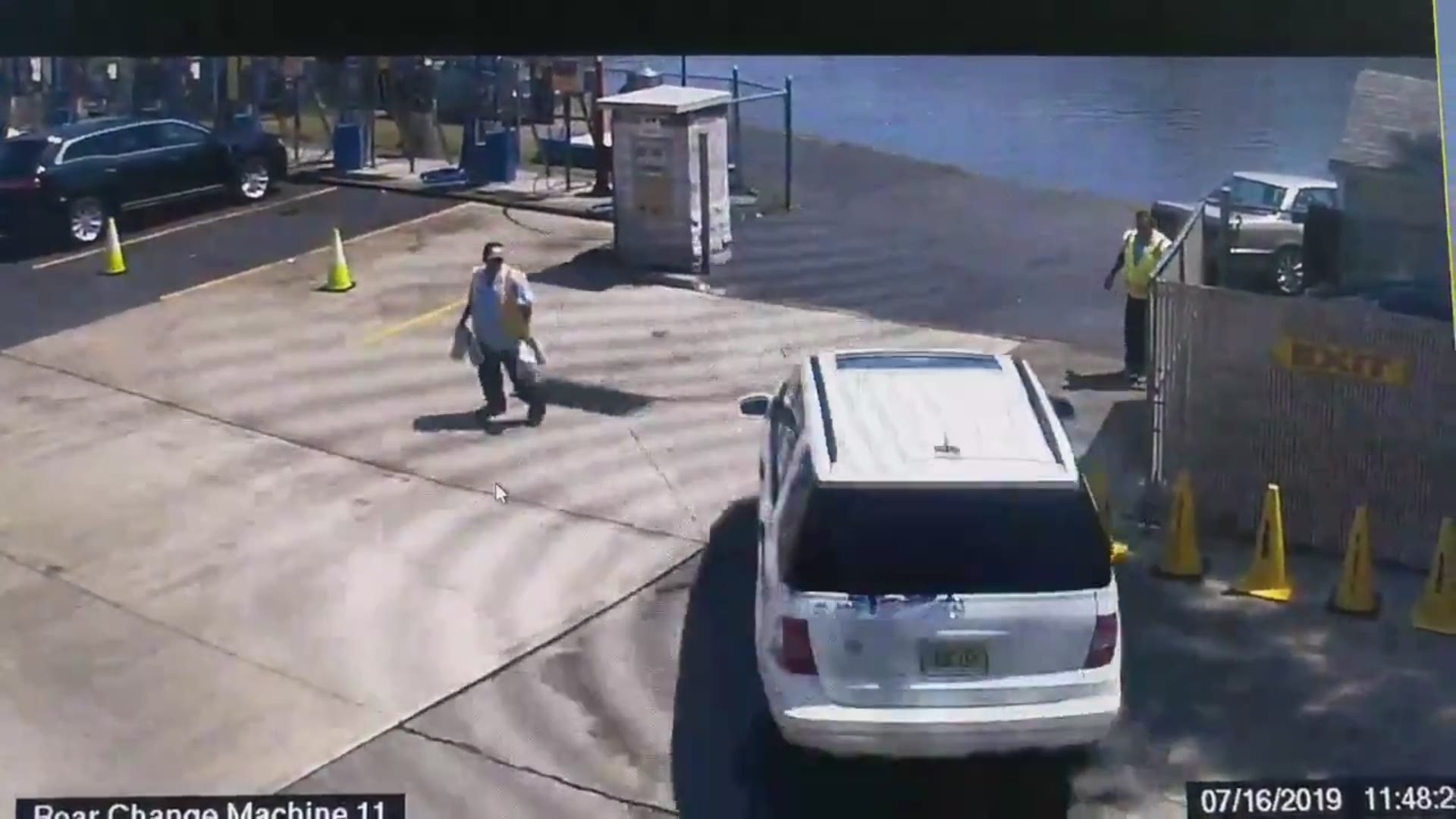 Surveillance video shows a white SUV plunging in to the Hackensack River in New Jersey. Video courtesy of the Hackensack Fire Department.