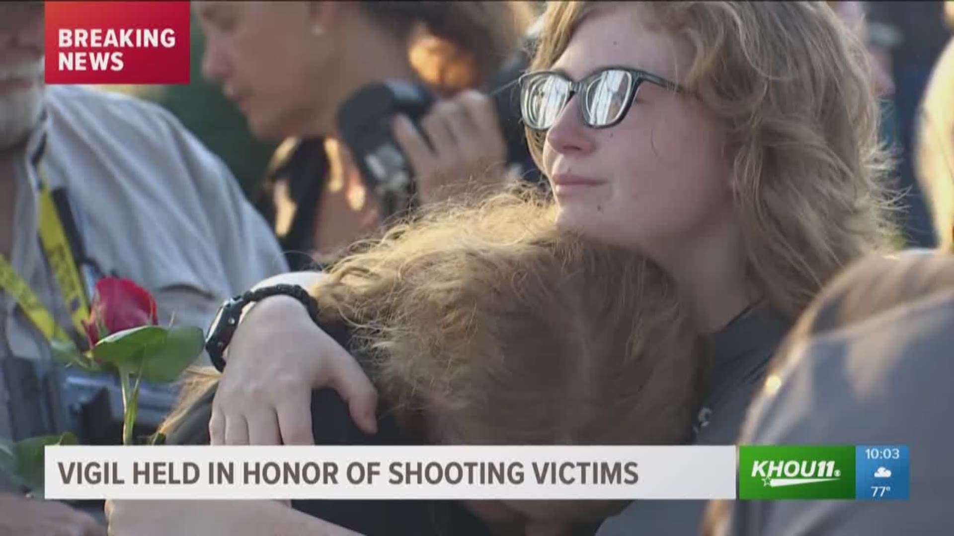 Hundreds of people gathered for a vigil on Friday night to pray for the Santa Fe High School victims, their families and community.