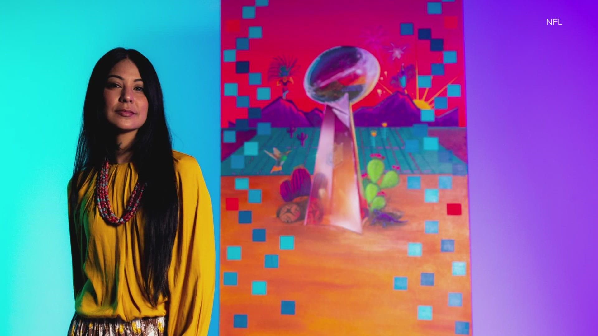 Lucinda “La Morena“ Hinojos' artwork will be featured on Super Bowl tickets, displays and more.