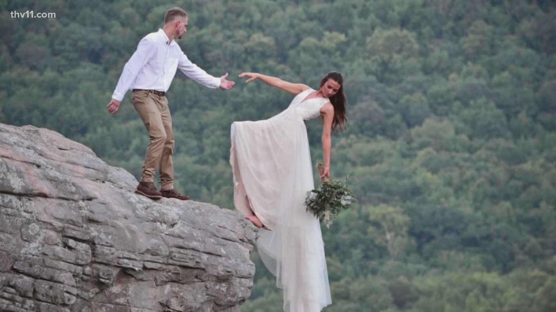 A couple took on Hawskbill Crag at Whitaker's Point in northwest Arkansas and it's definitely not your typical wedding shoot.