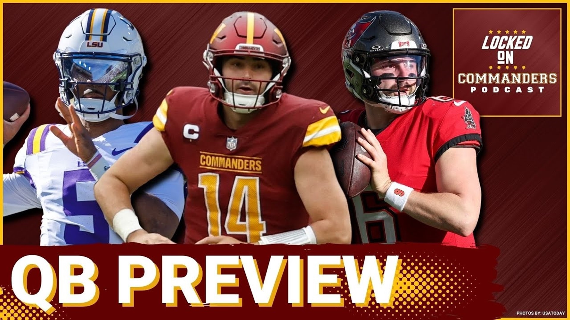 Previewing the Washington Commanders quarterback situation led by Sam Howell with players like Baker Mayfield, Kirk Cousins, Jayden Daniels, and Drake Maye.