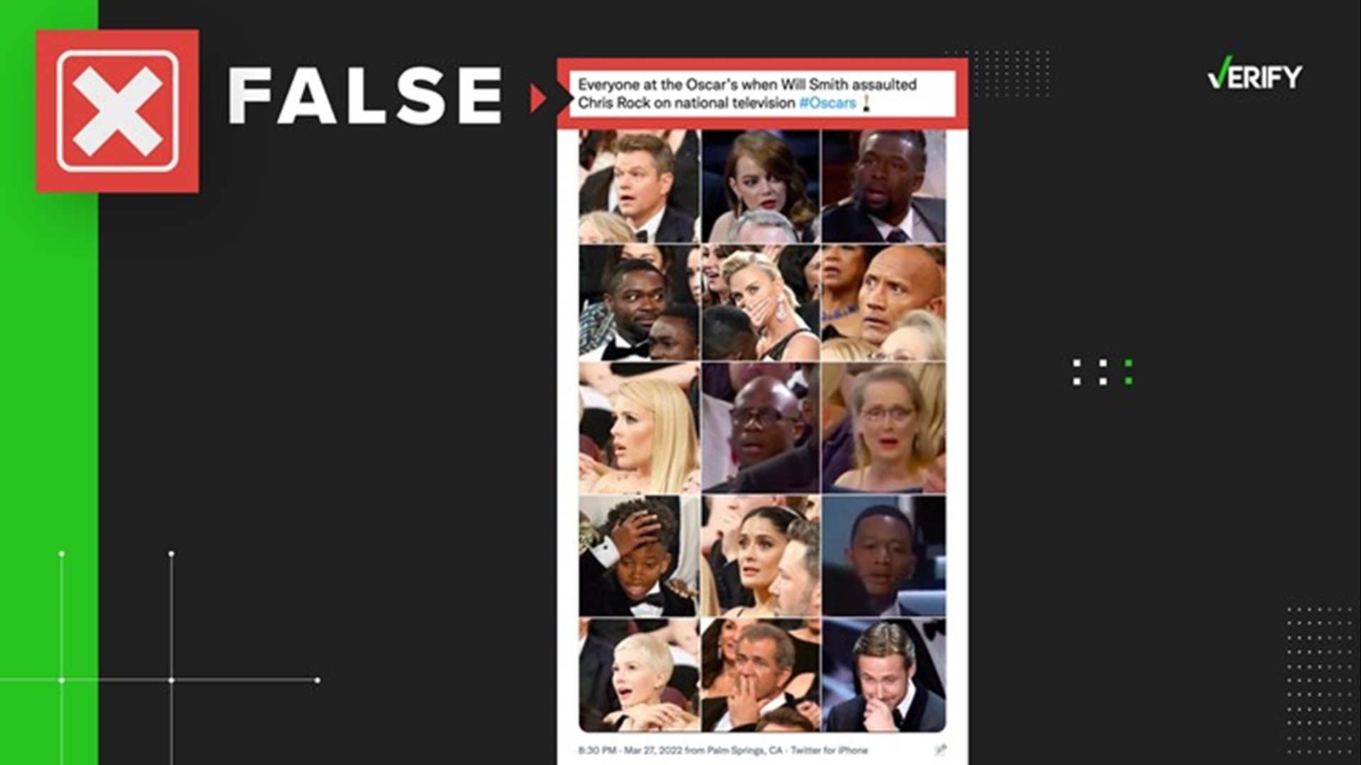 A viral meme claiming to show celebrity reactions after Will Smith hit Chris Rock at the Oscars is not from 2022. It’s actually a compilation of photos from 2017.
