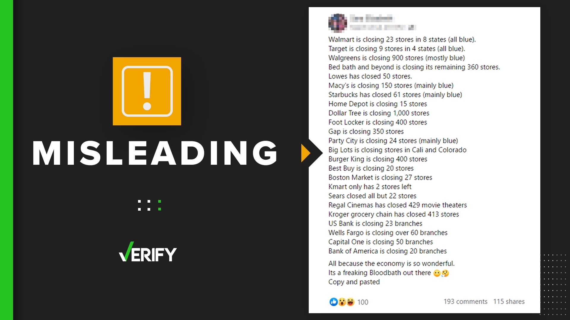 A post claims Walmart, Target, Starbucks, Lowes and other brands have been closing stores because of the economy. VERIFY fact-checks the numbers.