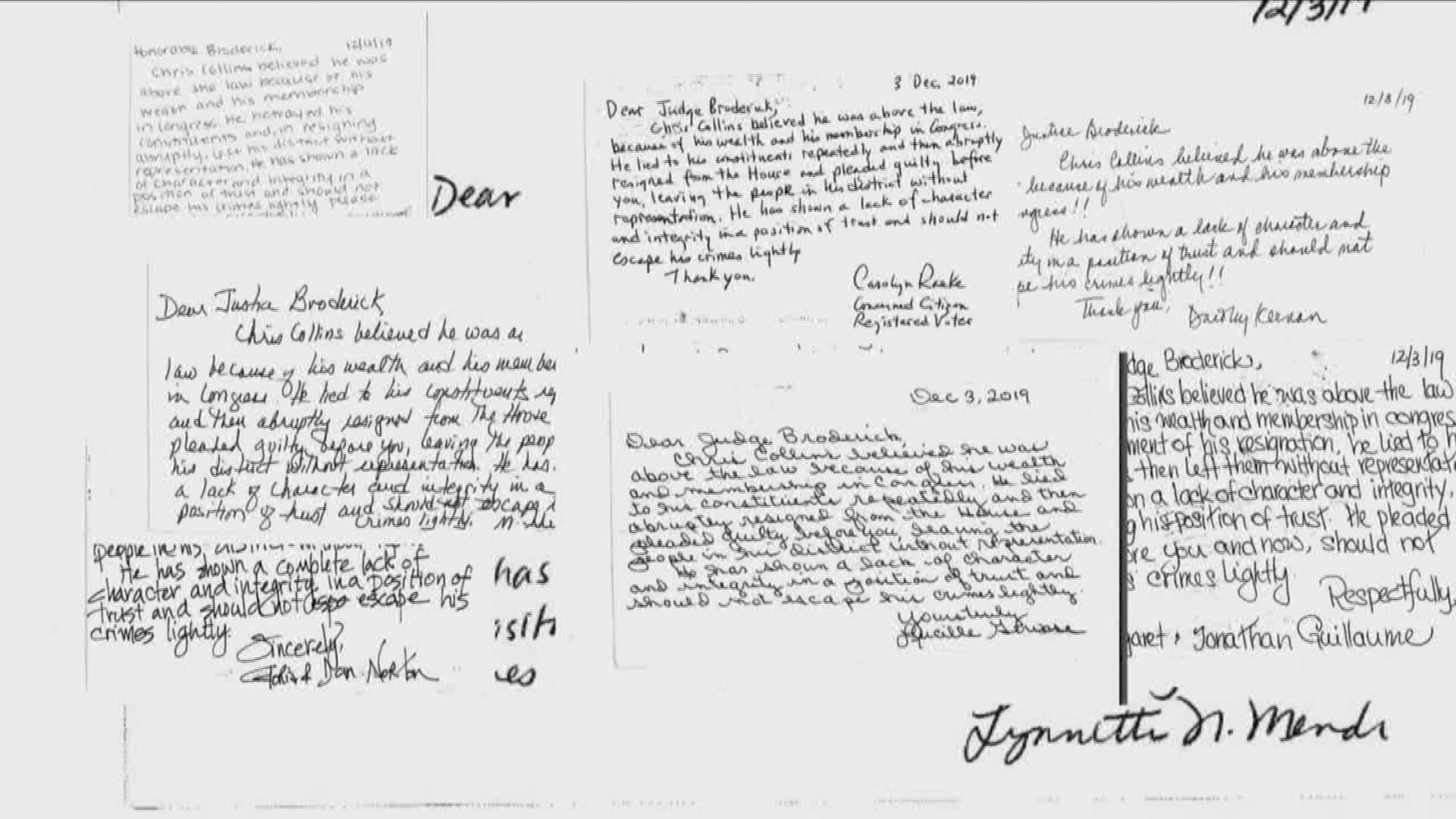 several , handwritten on postcards, are in fact identical in their wording, indicating an organized effort to convice the judge to throw book at Collins
