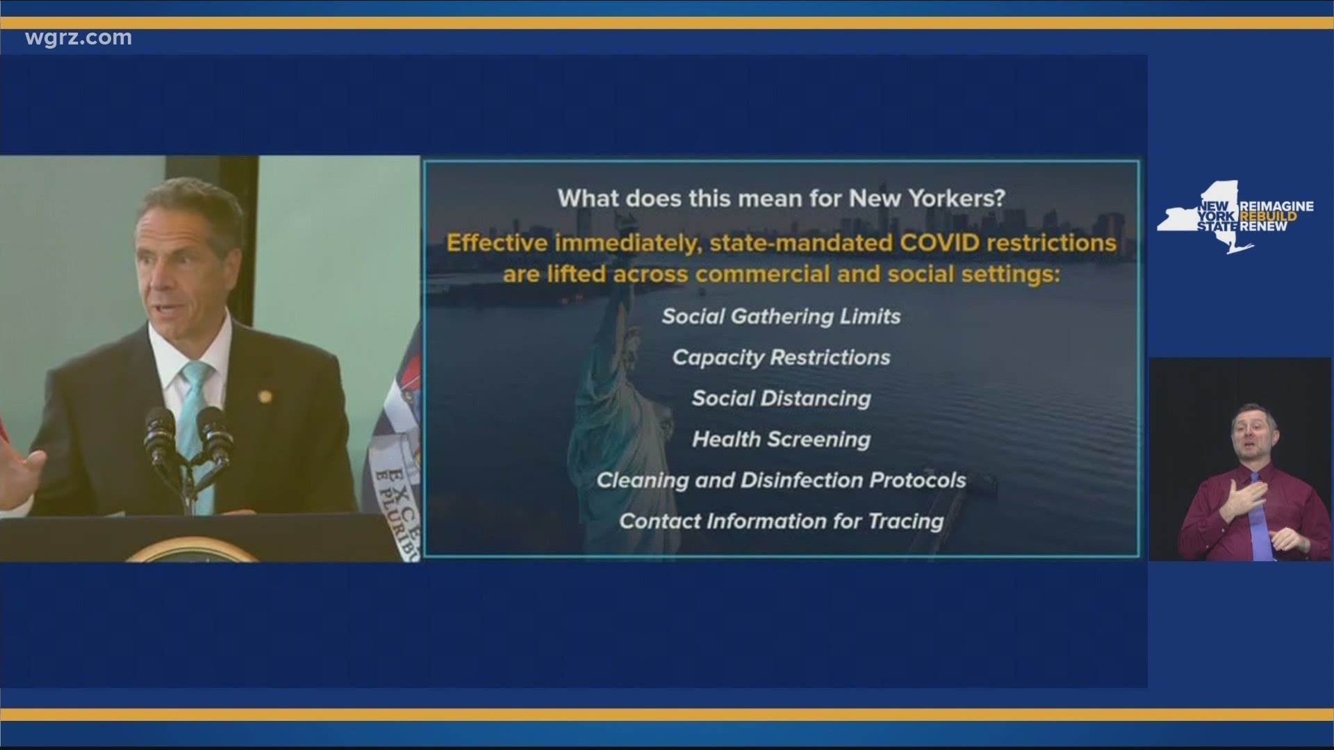 The governor says NYS is lifting most of its remaining COVID-19 restrictions as New York went from having the highest COVID-19 rate in the country to the lowest