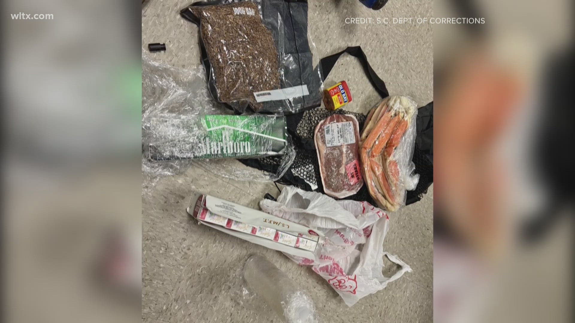 Corrections officers found an early holiday delivery of crab legs, steaks, some Old Bay, and marijuana inside the wires of Lee Correctional in Bishopville. 