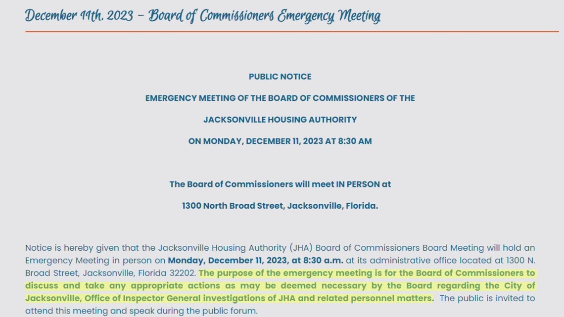 Jacksonville Housing Authority to hold emergency meeting amid Inspector