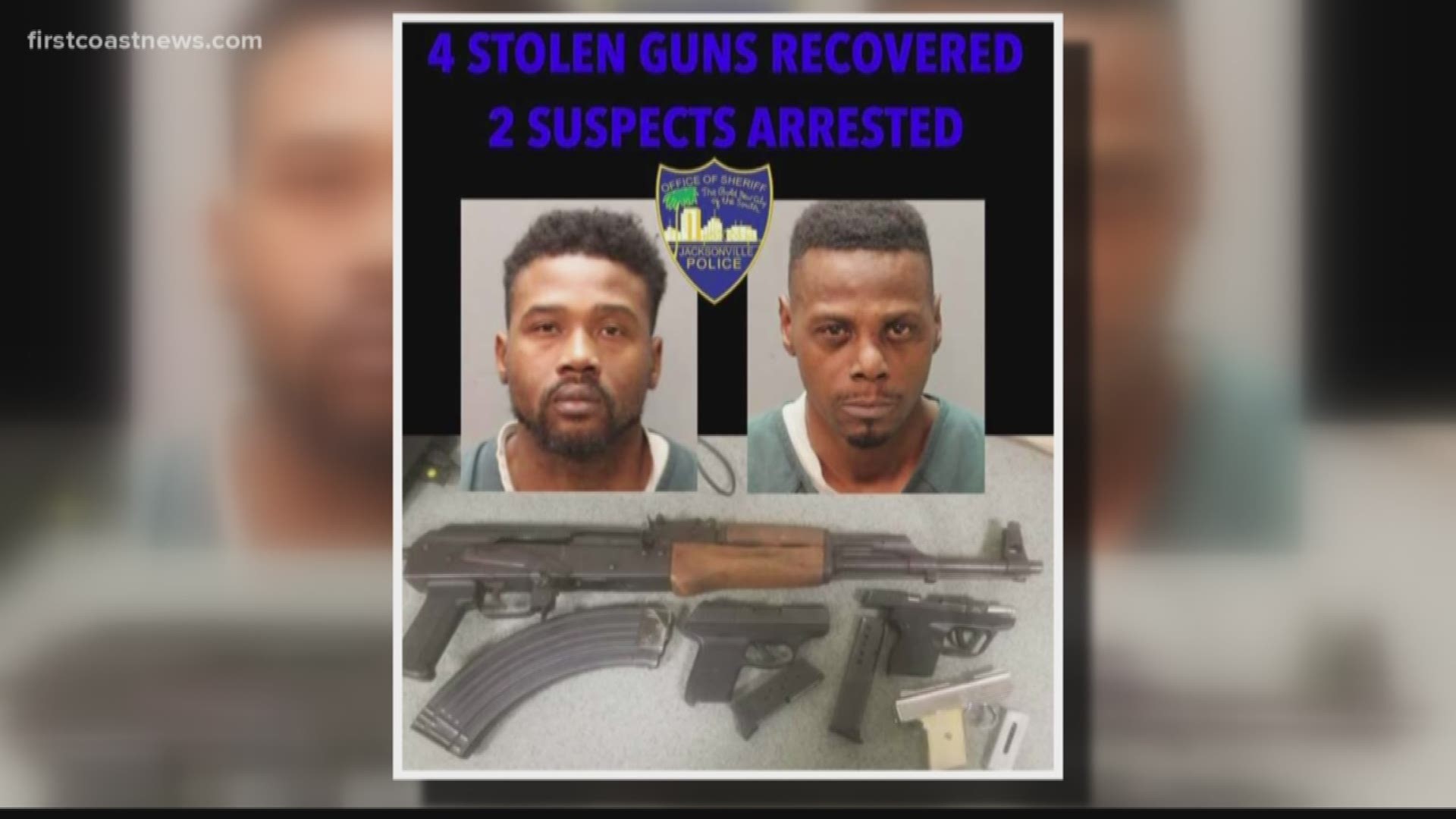Two men were arrested and face multiple charges after four guns were found inside their car during a traffic stop.