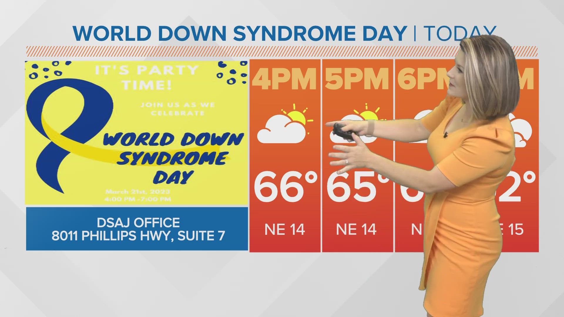 Meteorologist Lauren Rautenkranz encourages folks in Jacksonville to celebrate WDSD with the DSAJ on Tuesday afternoon off Phillips Highway and Baymeadows Rd.