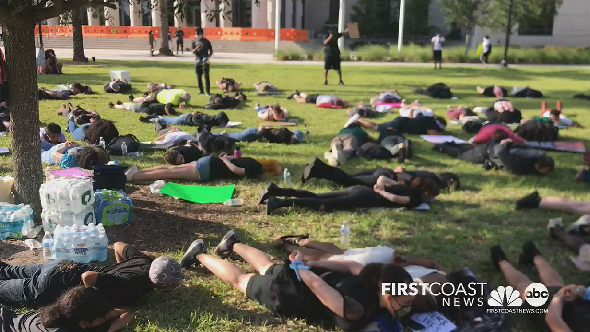 The protesters chanted "I can't breathe!" as they lay on the lawn of the Duval County Courthouse.