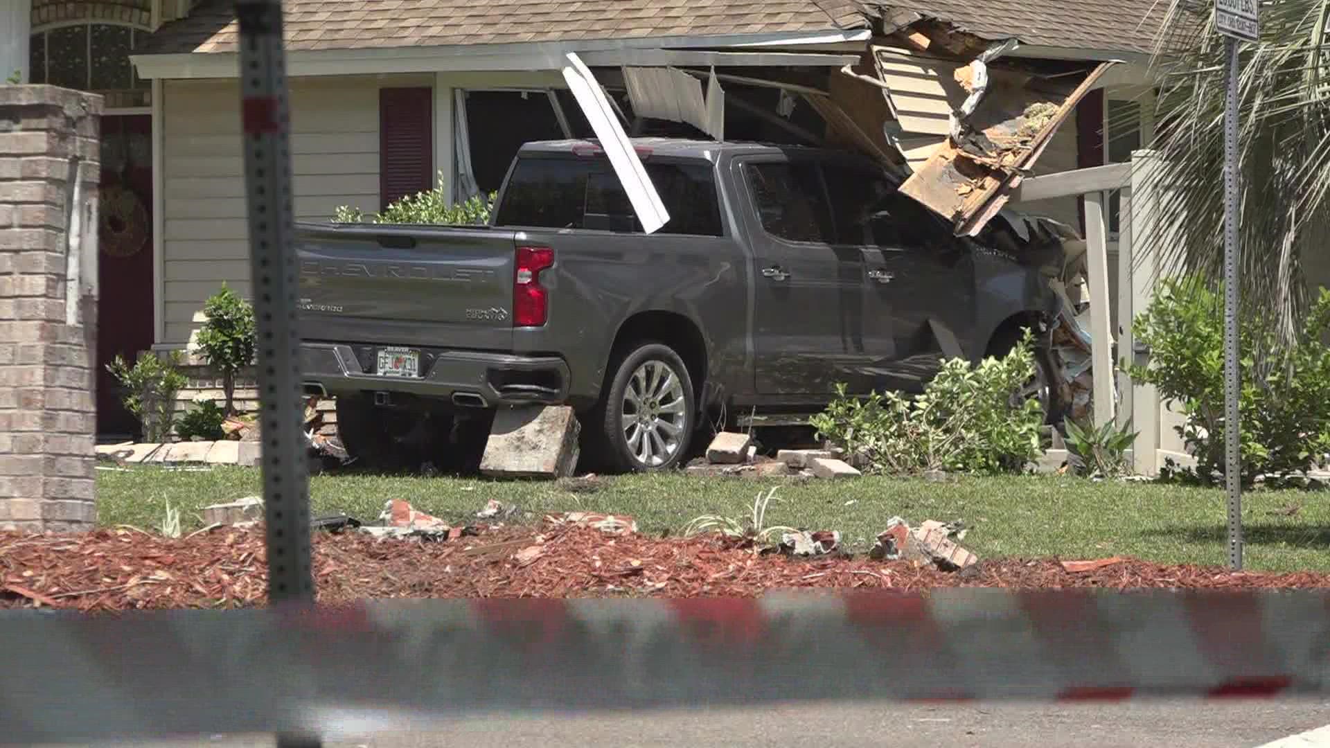 A truck crashed into a home in the Marietta area of Jacksonville Wednesday. Officials say one person has been transported to the hospital.