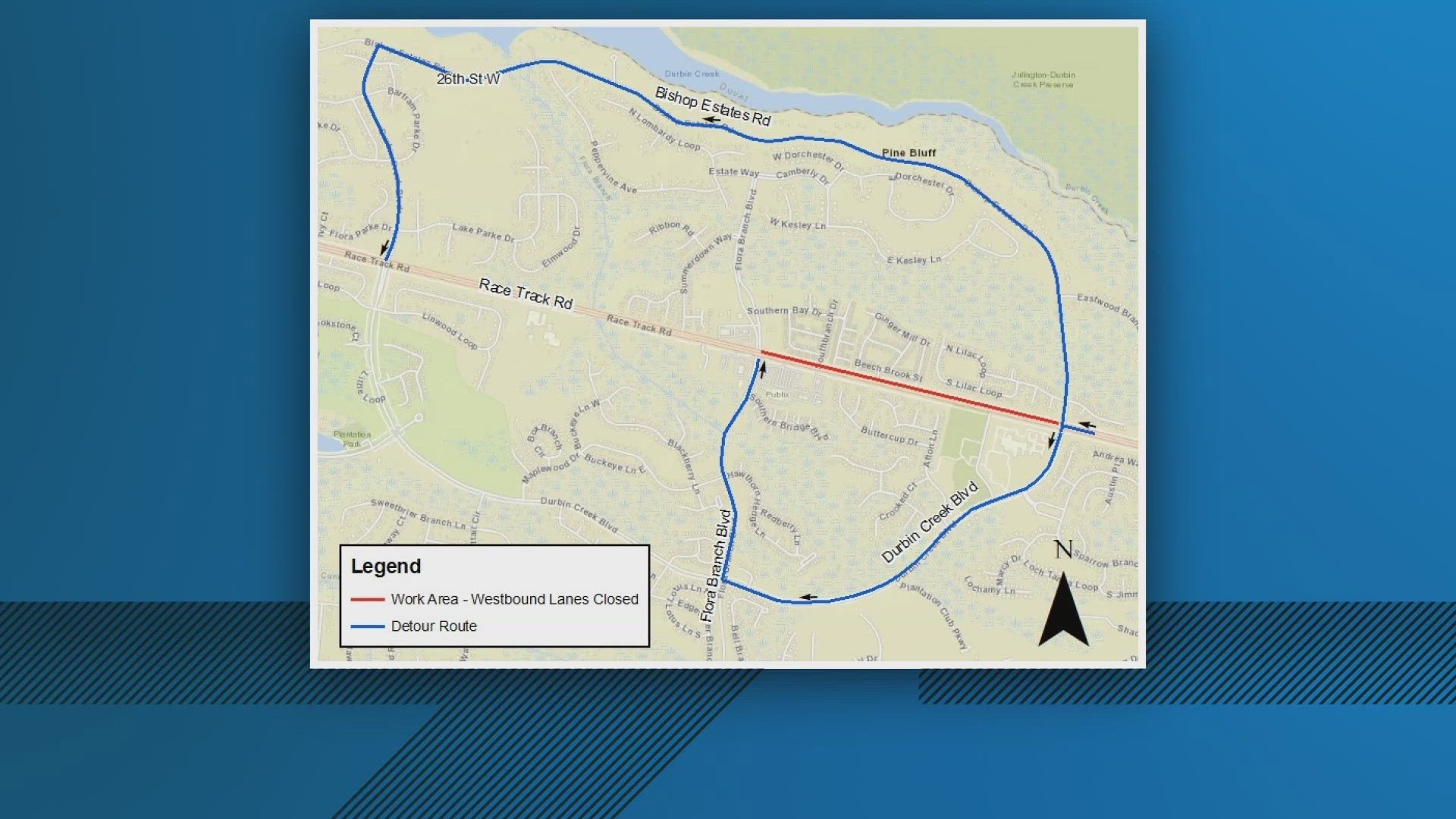 JEA crews are making emergency repairs to the water main on Race Track Road and Bishop Estates Road.