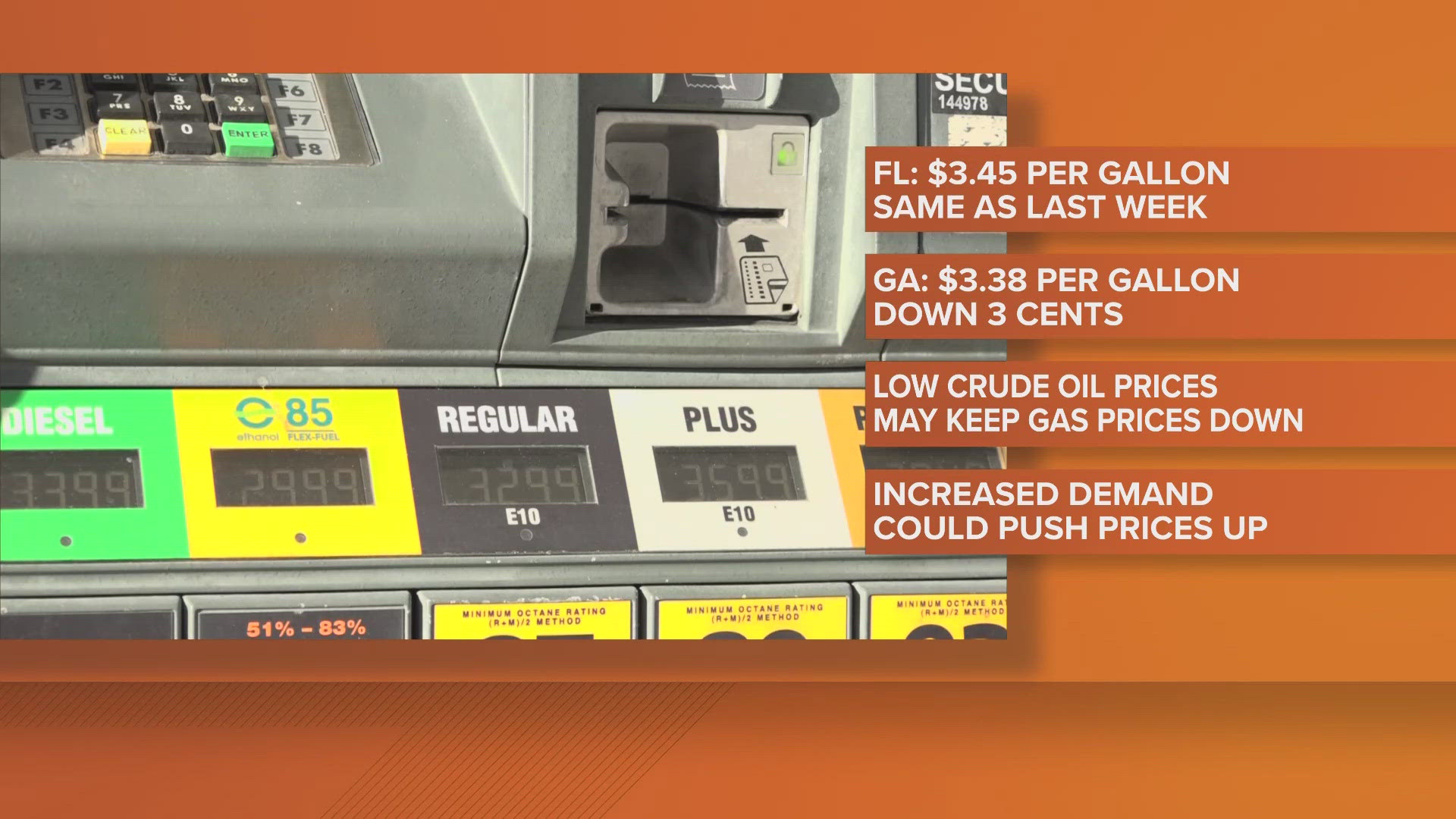 AAA says the average price per gallon of gas in Georgia is $3.38, while in Florida, it's $3.45.