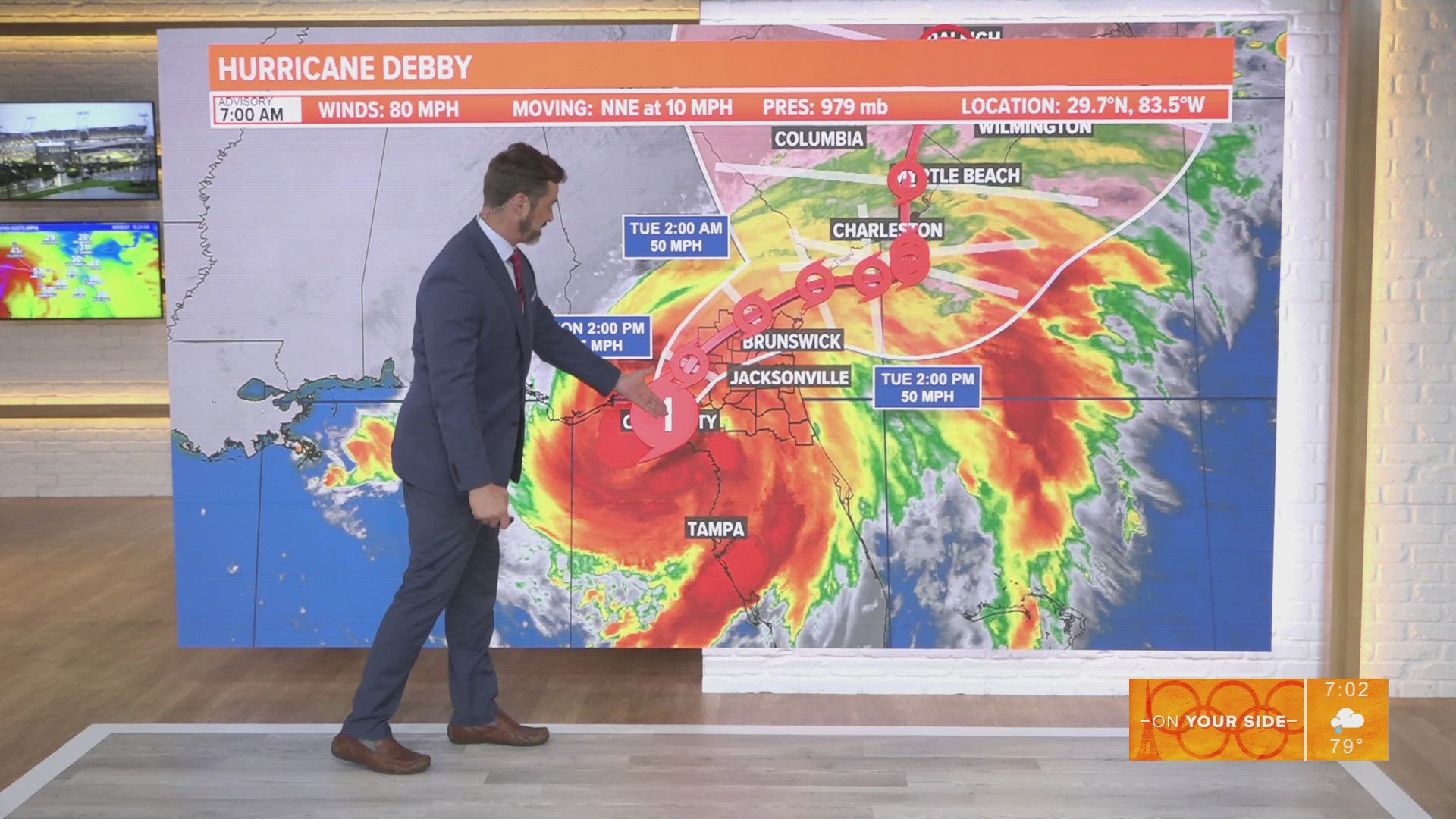 Debby will continue its track across Northeast Florida and Southeast Georgia throughout Monday, weakening from a Category 1 hurricane.