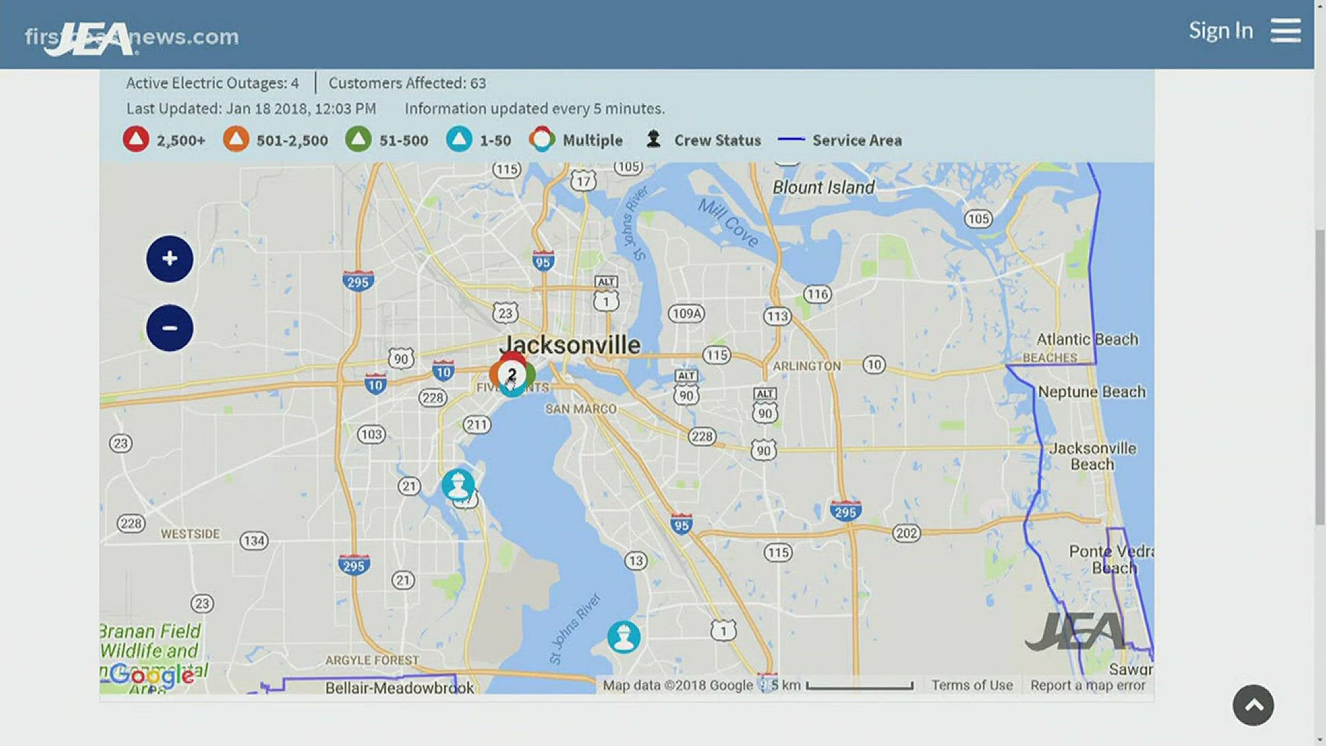 500 or so homes were without power for at least three hours on Jacksonville's coldest morning of the season due to a downed line and blown transformer.