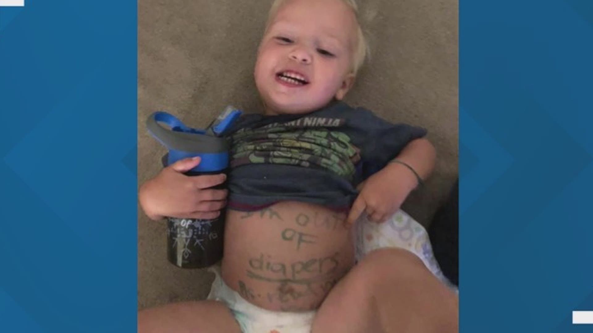 Heather Chisum wrote on Facebook her son, Milo, had a message on his stomach: "Mom I'm out of diapers..."