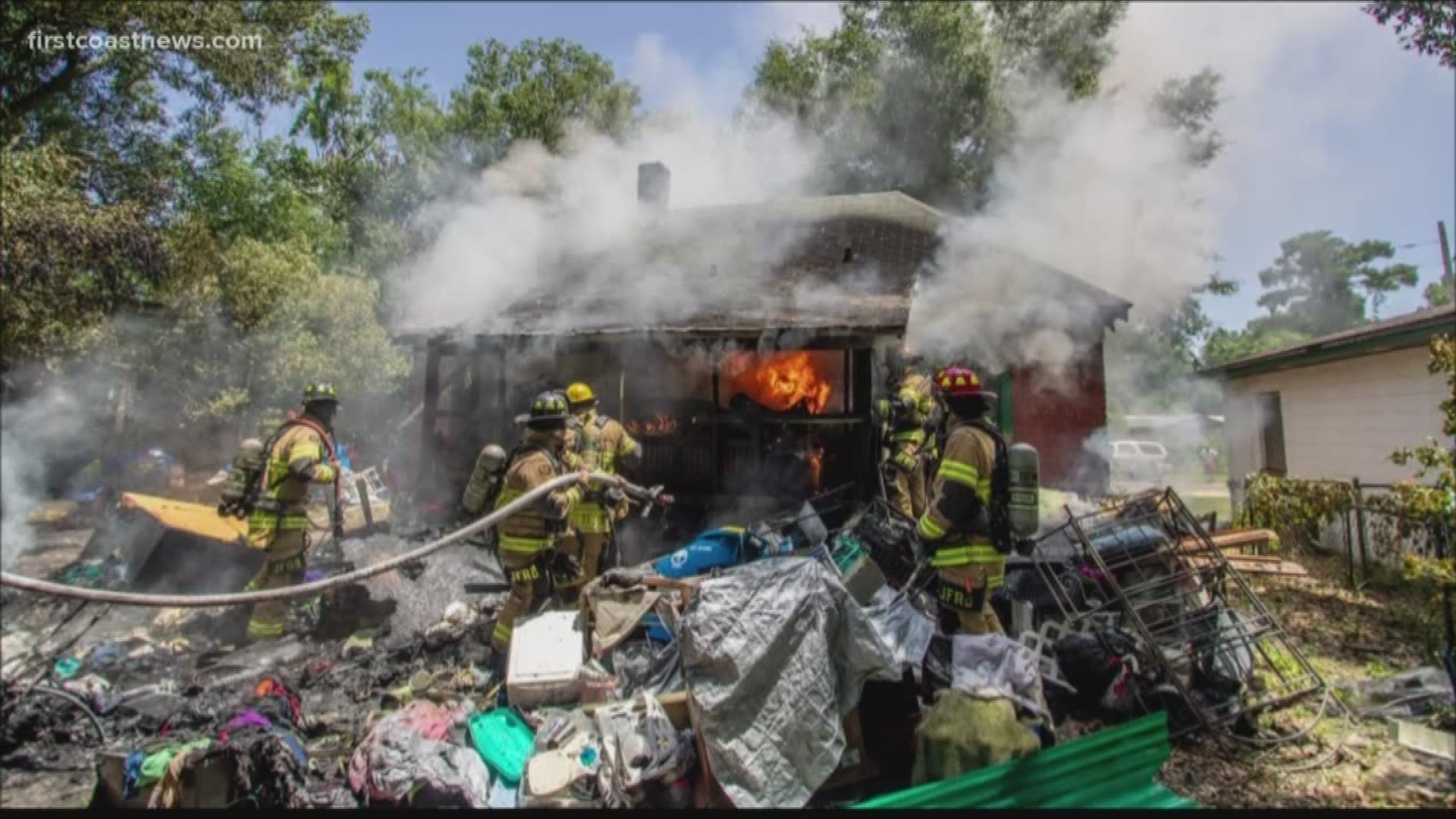 A fire ripped through a home in Moncrief Monday afternoon, according to the Jacksonville Fire and Rescue Department.