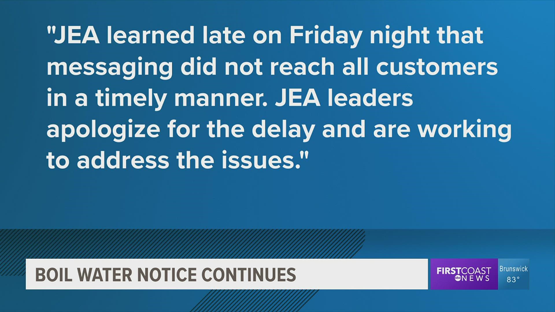 JEA notified customers of a boil water notice for the St. Johns Town Center and Tinsel Town districts Friday. A new statement says the notice was delayed.