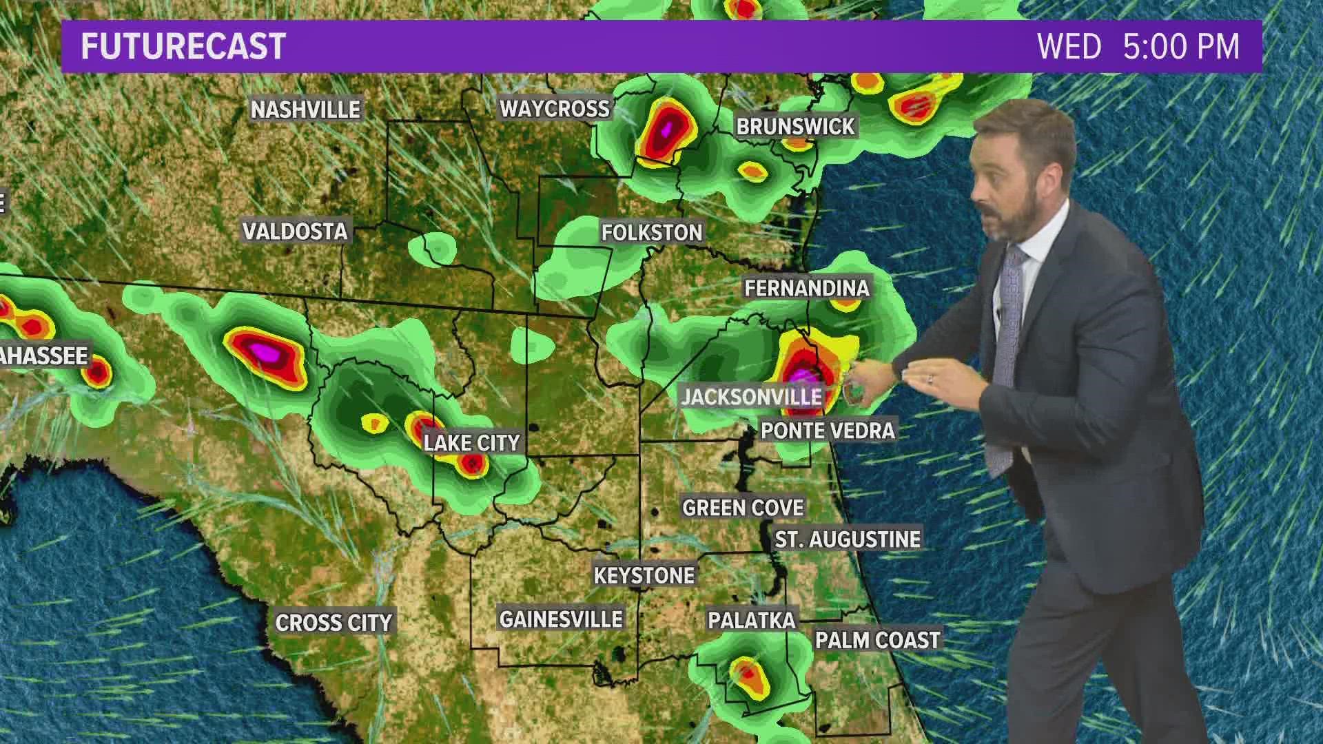 A slow-moving front approaches the FL/GA border and acts as a catalyst for showers and thunderstorms.