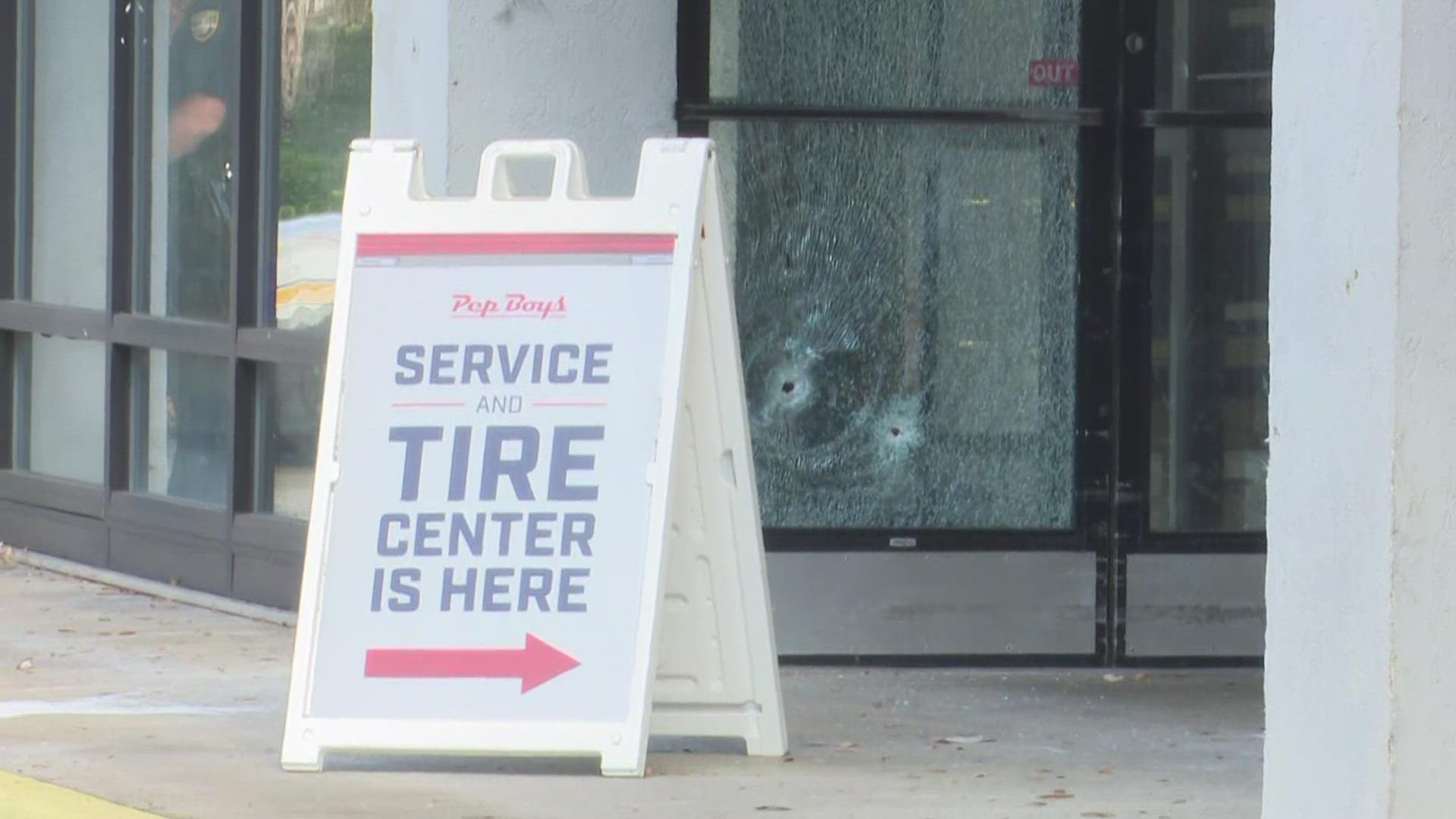 The manager of the Pep Boys Dunn Avenue location arrived to the shop around 6:30 a.m. to find shattered glass.