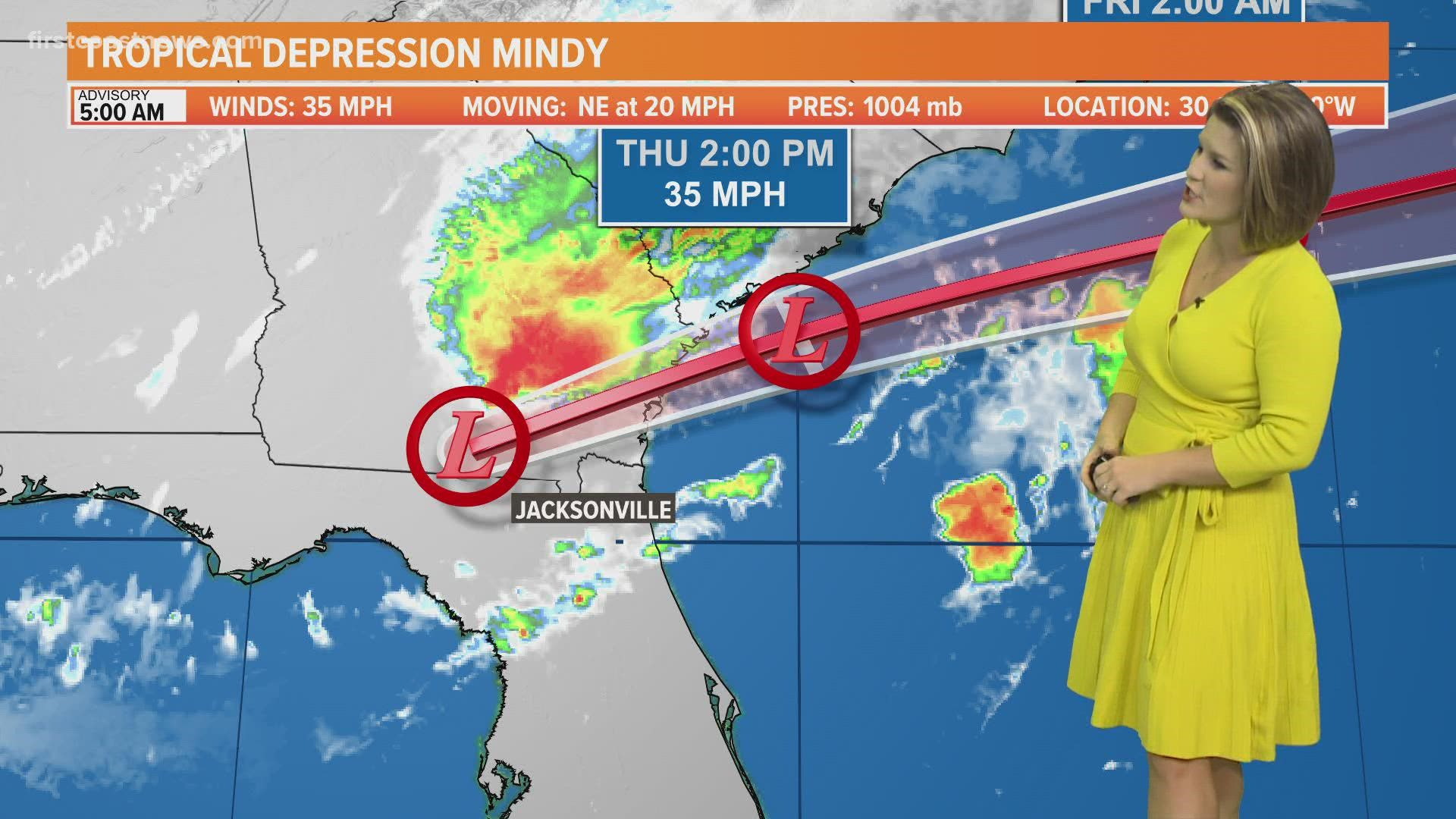 Mindy will bring winds and clouds to the First Coast throughout Thursday, with a wind advisory in place through 5 p.m.