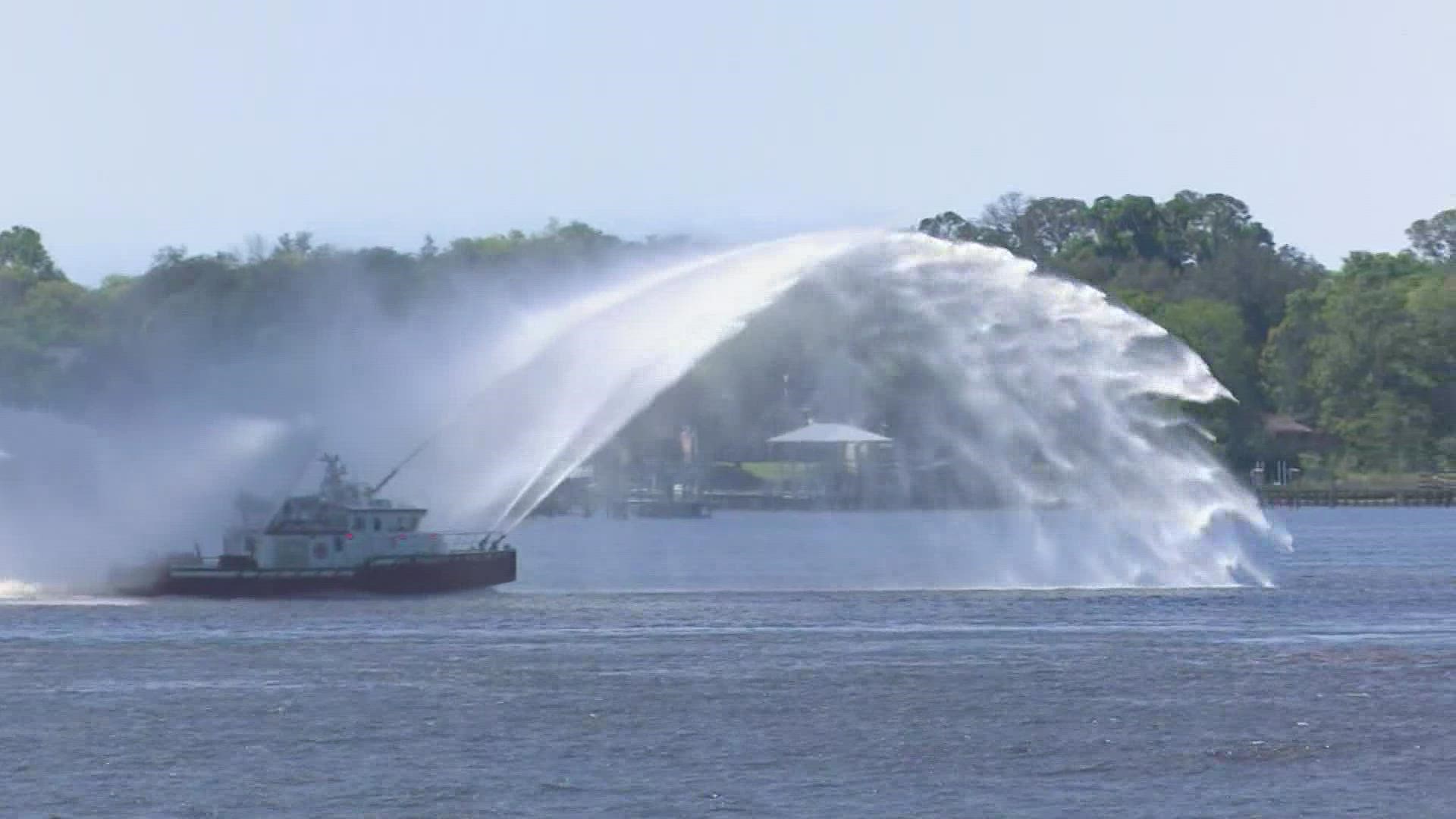 USS Orleck, one of the most decorated ships in U.S. history, made its way into Jacksonville Saturday. A tugboat escorting it blasted in water nozzles showing respect