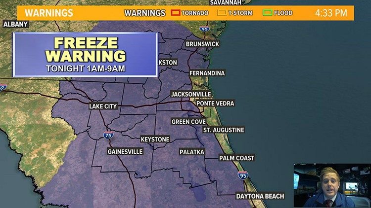 Freeze warning issued for most of the First Coast Monday morning