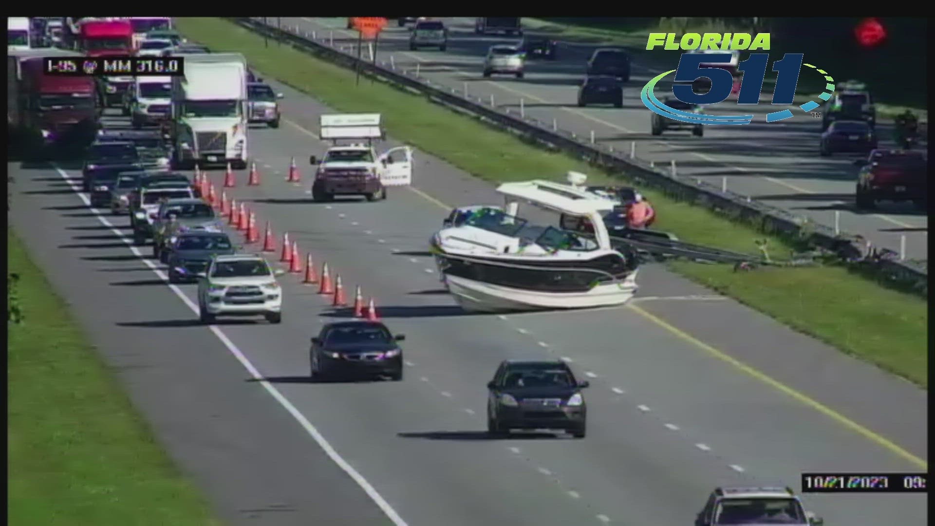 Officials have blocked the two left southbound lanes on I-95 as the boat is in the road, midway between the State Road 16 exit and the County Road 214 exit.