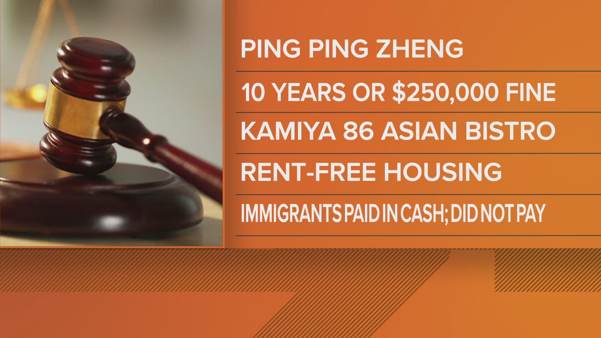Ping Ping Zheng, owner of Kamiya 86 Asian Bistro & Sushi Bar, faces up to 10 years in prison or a $250,000 fine, according to the Department of Justice.
