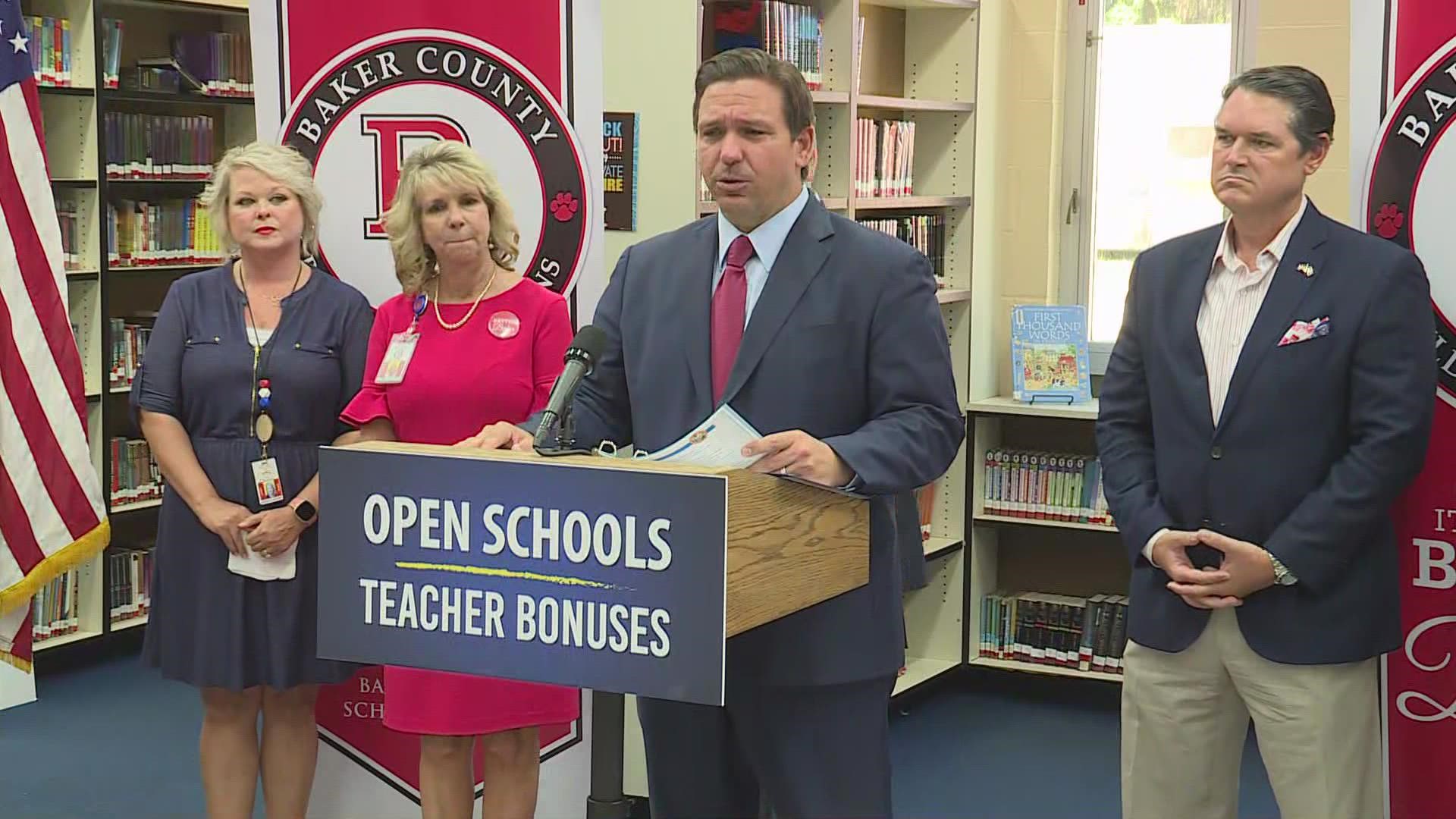 The governor announced an additional $1,000 bonus for all Florida principals and classroom teachers.