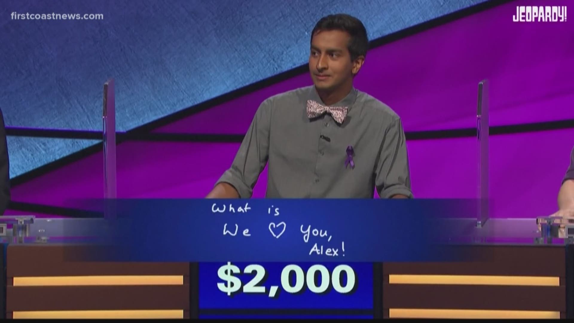 A contestant on the show lost nearly $2,000 to give the 35-year 'Jeopardy!' host a message of support and gratitude.