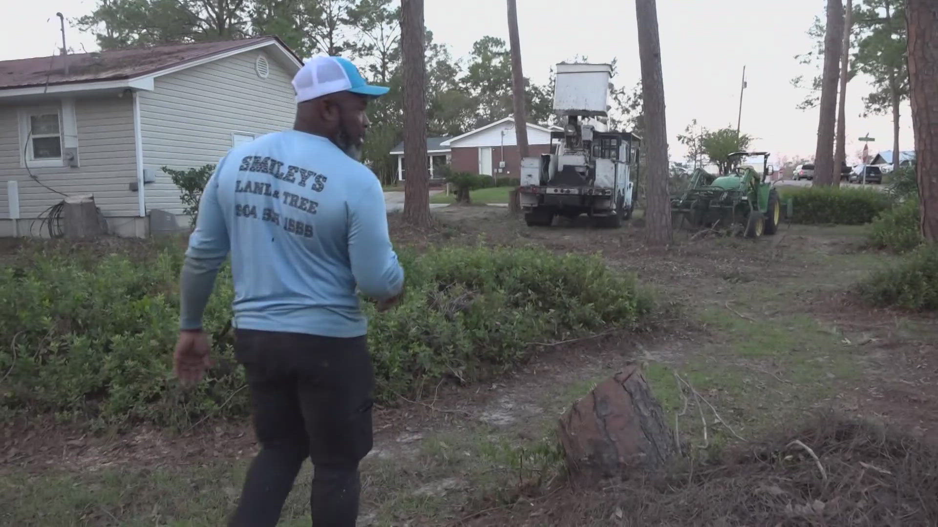 Just today, George Smiley cut down 3 big pine trees that had fallen on a home in Alma, Georgia. In total he’ll cut down 15 trees in that yard alone.