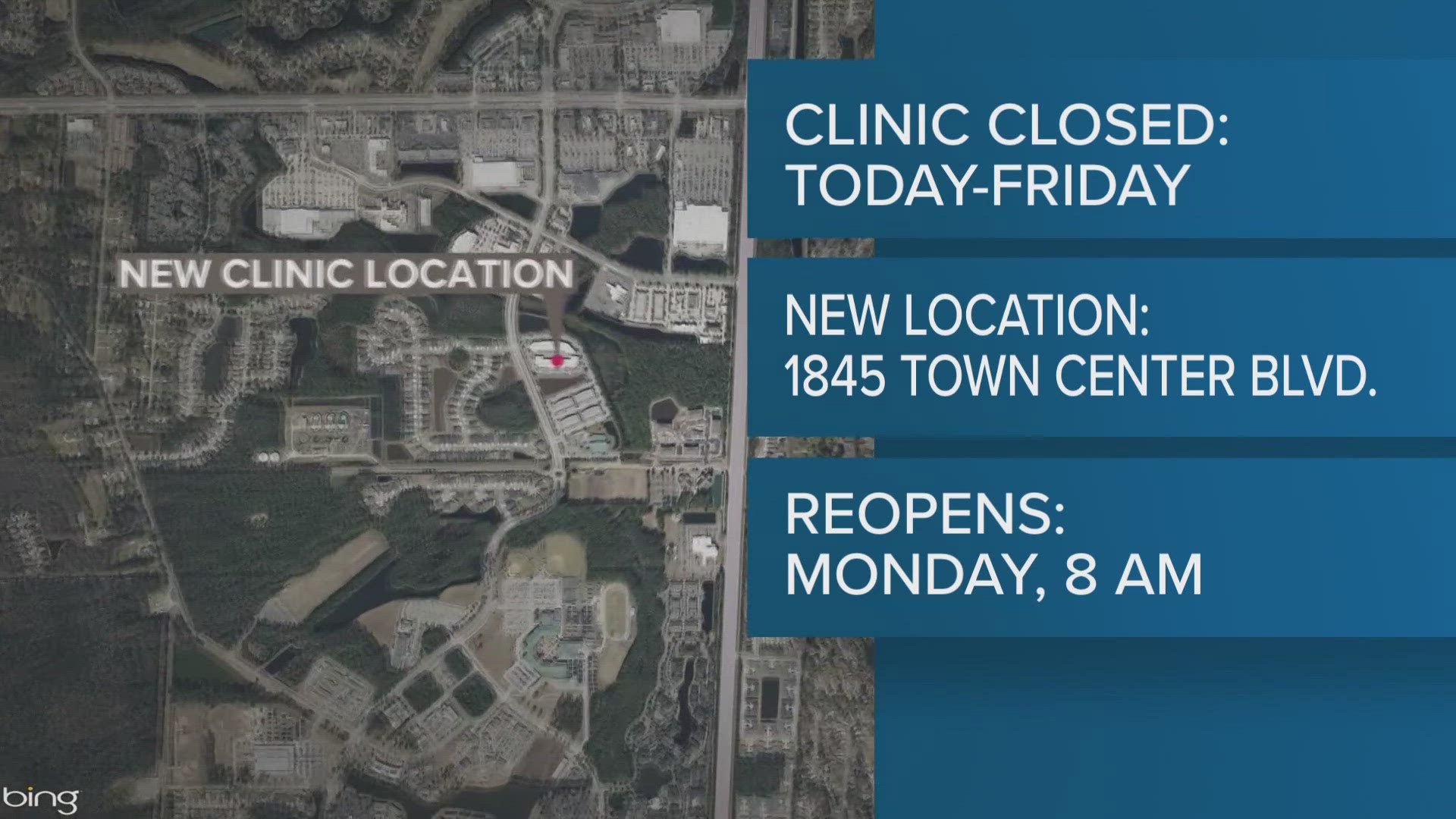 The clinic will reopen Monday morning at the new location of 1845 Town Center Boulevard, Building 400 in Fleming Island.