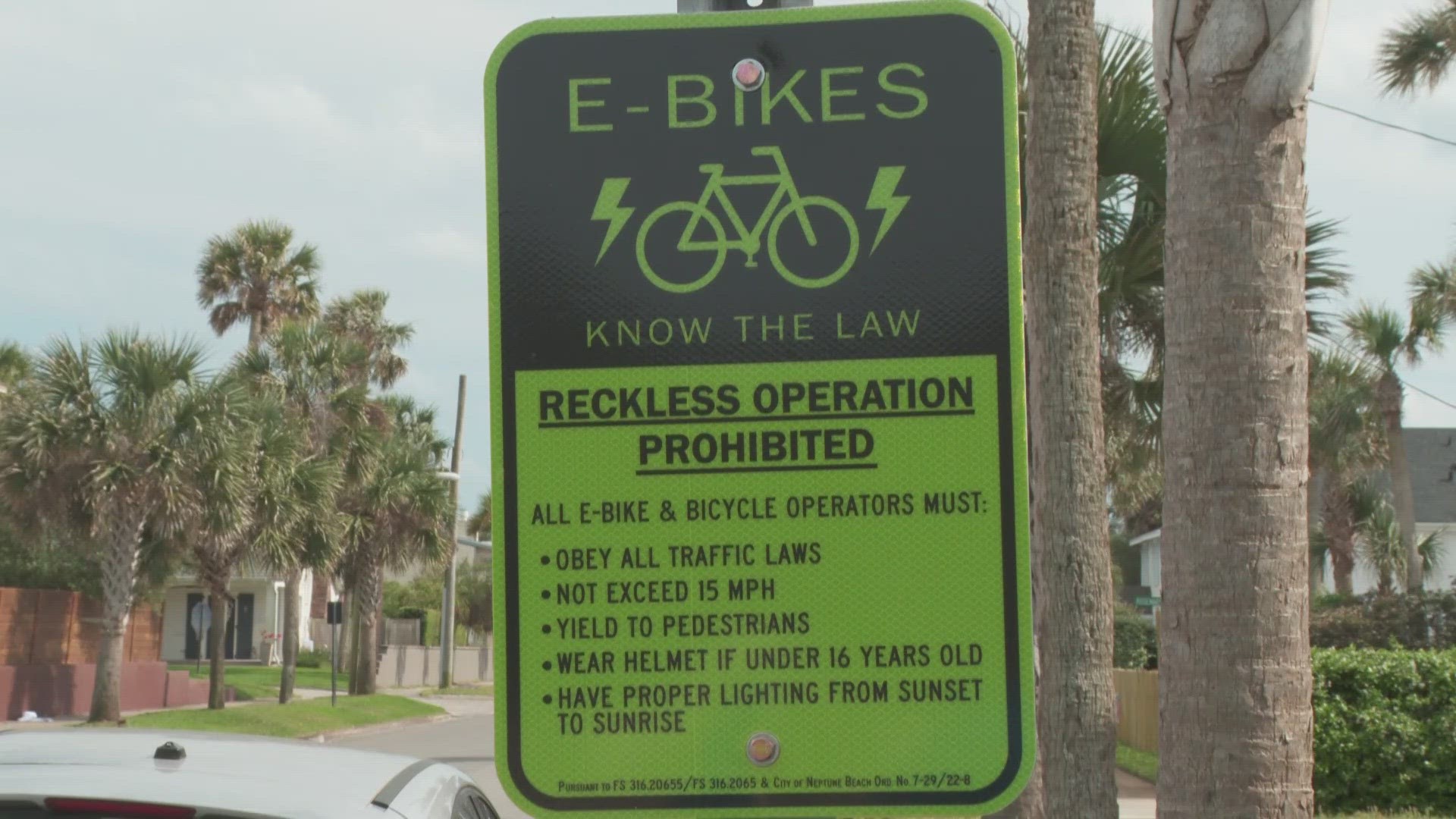 The City of Neptune Beach passed an ordinance two years ago setting the speed limit for e-bikes at 15 miles per hour, anything above that is considered reckless use.