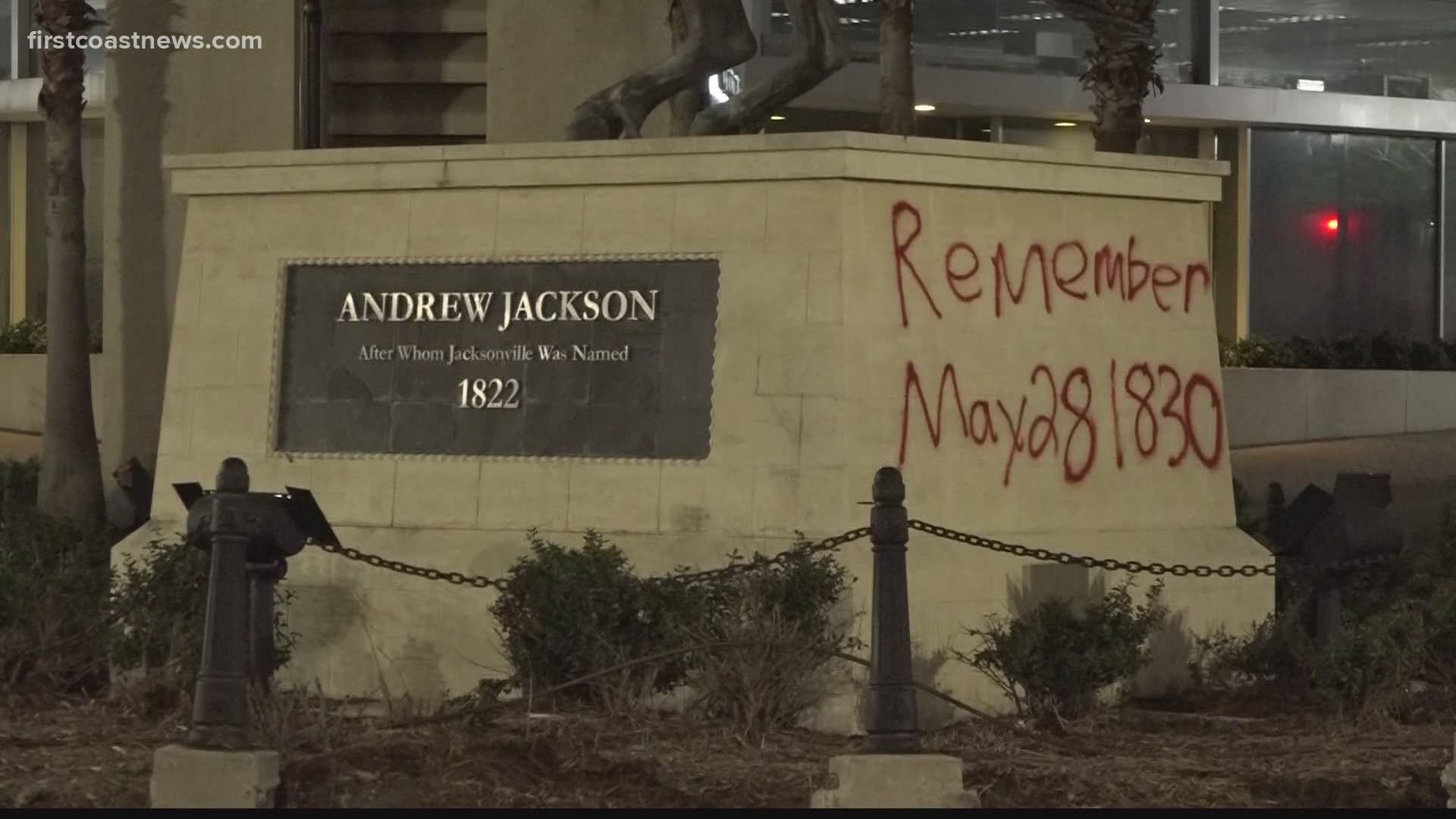 On Tuesday morning, First Coast News spotted what appears to be red paint spray-painted on the statue with the words: "Remember May 28, 1830."