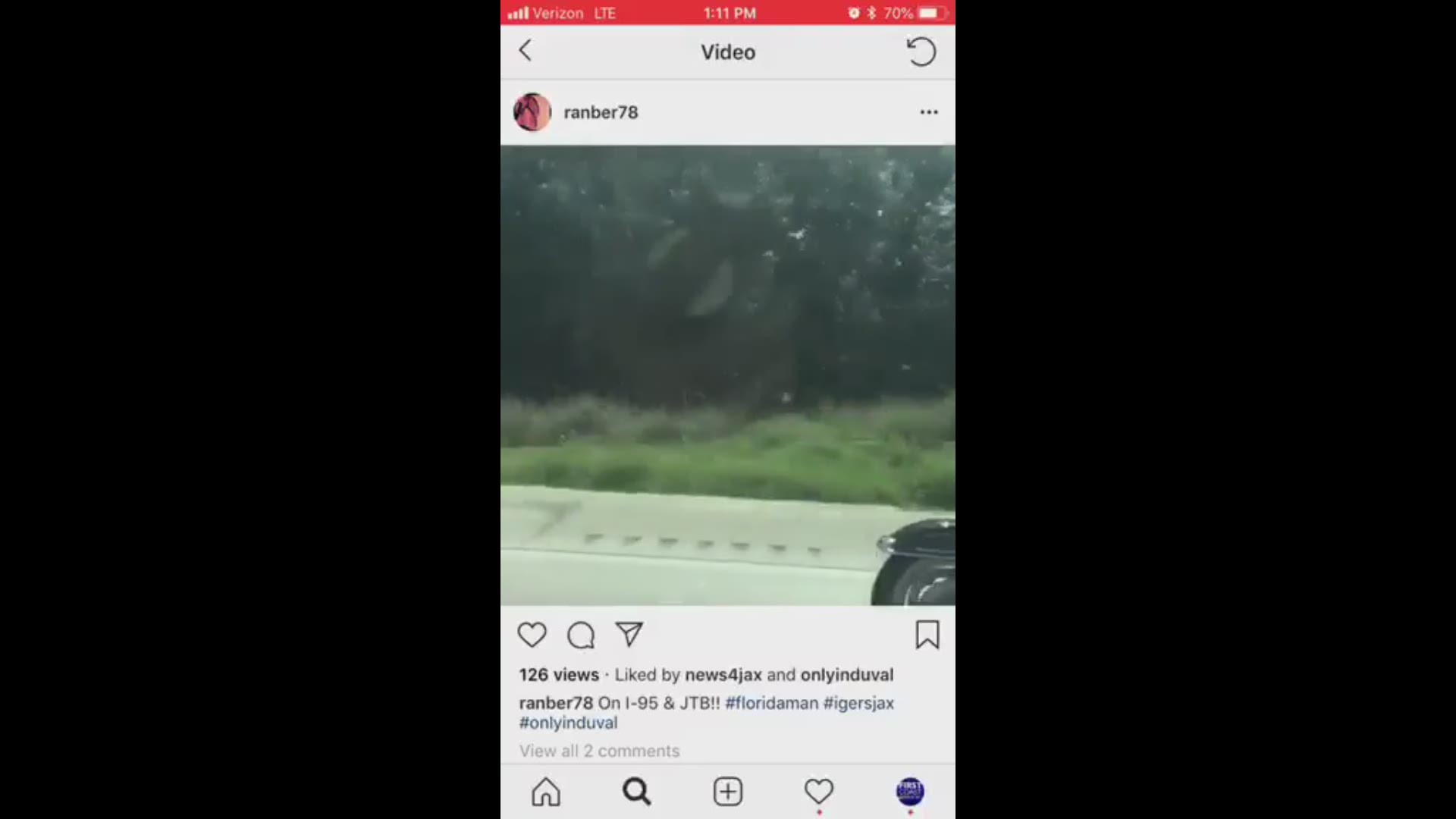 A woman posted to her social media accounts a video of a man using his feet to steer his motorcycle while cruising down I-95 in Jacksonville.