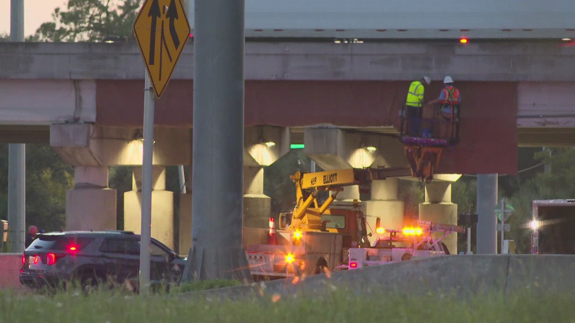 The Airport Road exit ramp from I-95 North and the two right lanes of the interstate remain shut down Tuesday night as crews work to repair the damage.