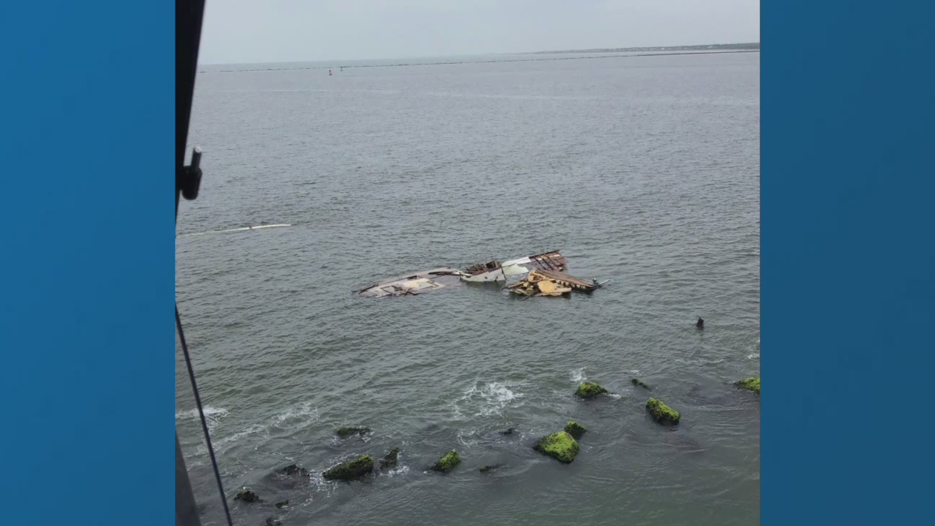 The boat crashed into the jetties on June 9. Three people had to be rescued. The owner has not cleaned the wreck, though it is their responsibility.