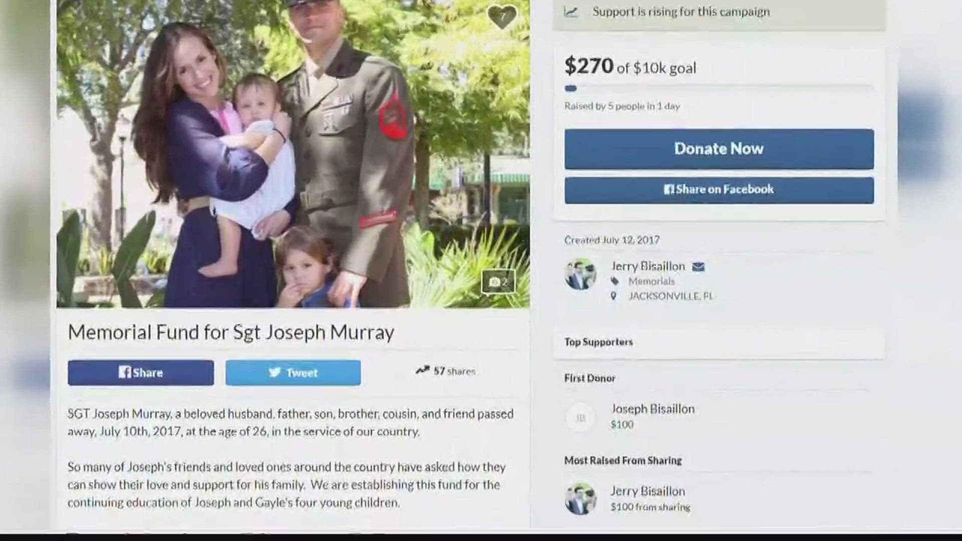 A GoFundMe has been set up to benefit the family of a Jacksonville Marine killed in a plane crash in Mississippi