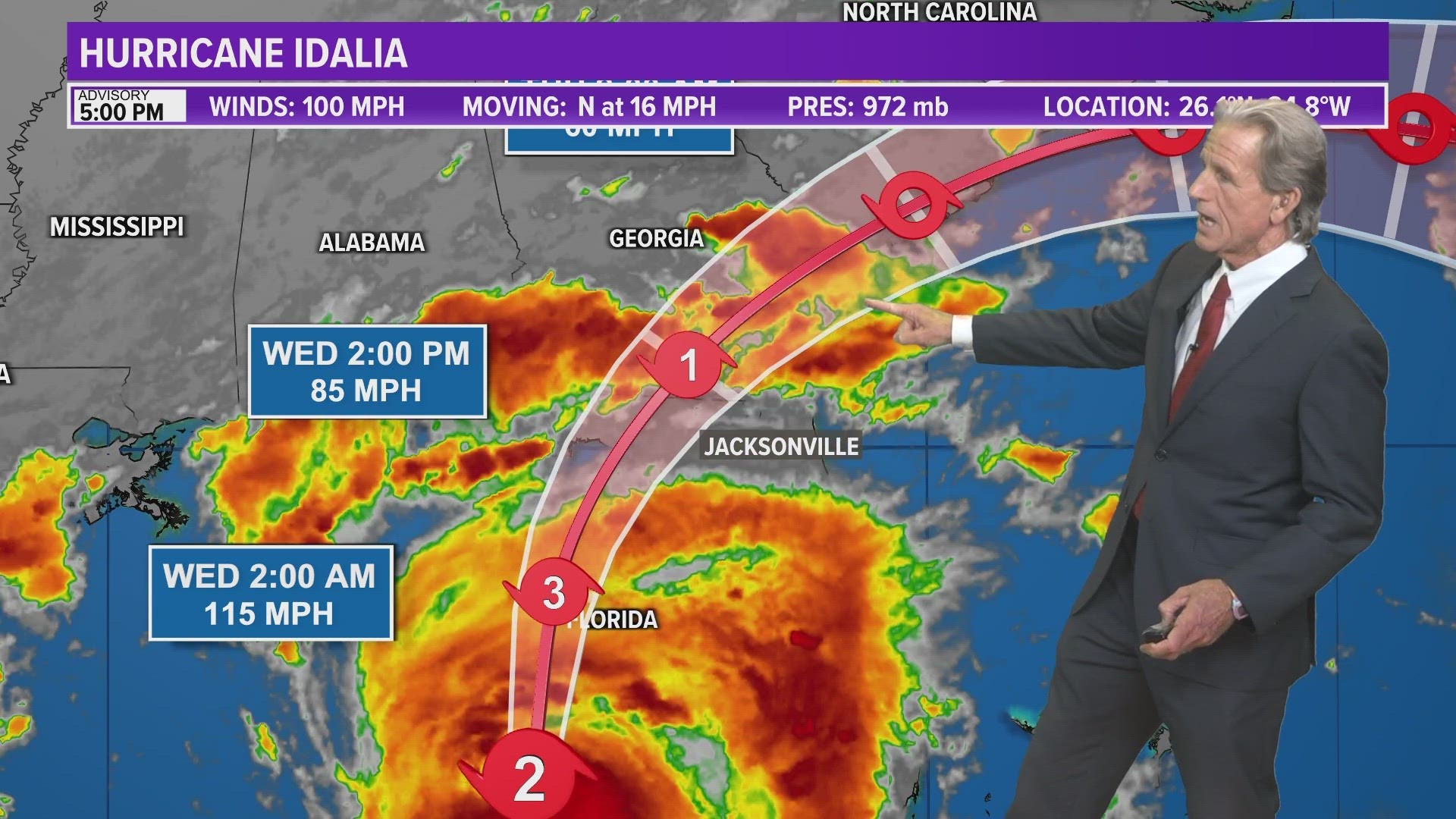 Idalia is now a Category 2 hurricane and is expected to continue to make landfall in the Big Bend region of Florida.