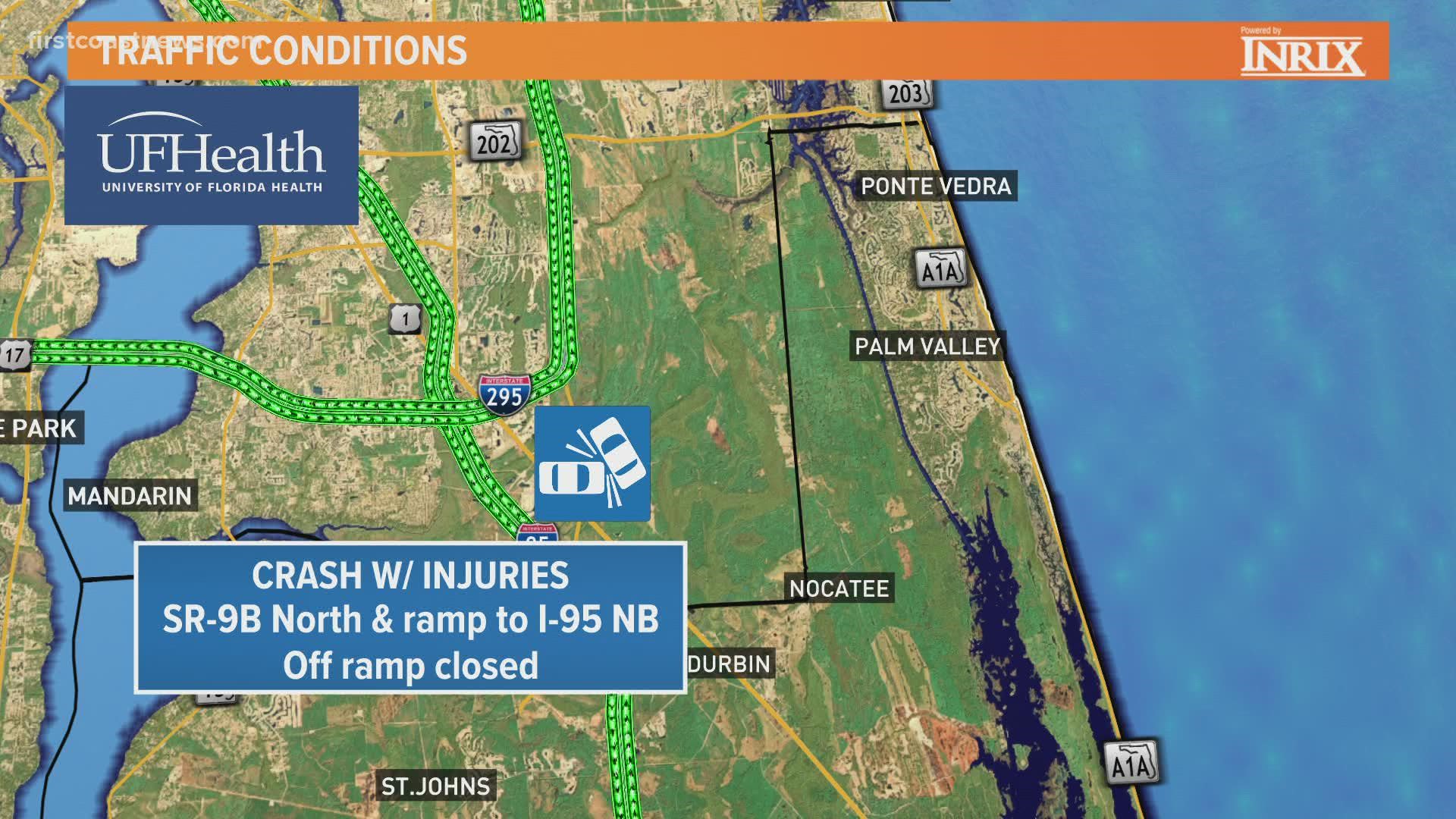 A crash with injuries is blocking the I-95 northbound on-ramp from SR-9B.