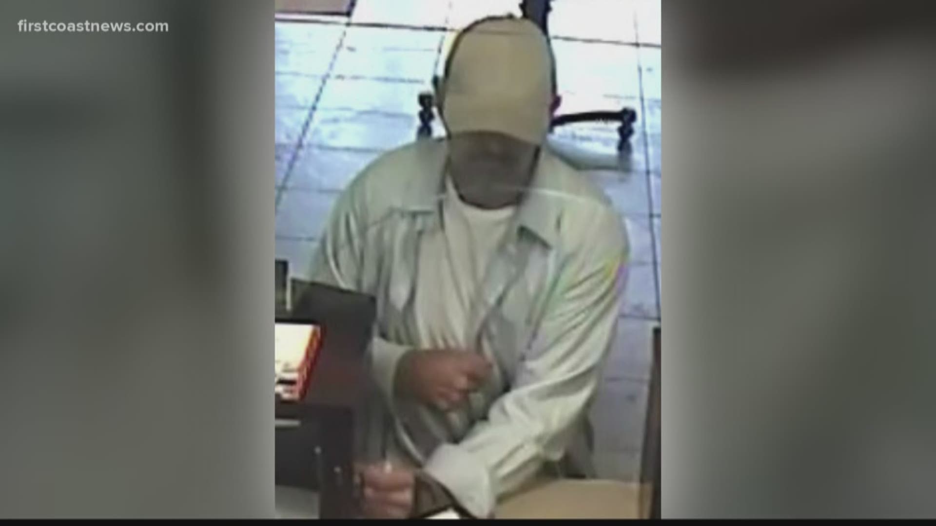 The Jacksonville Sheriff's Office is searching for a bank robbery suspect and has released surveillance photos in hopes the public will be able to help identify him.