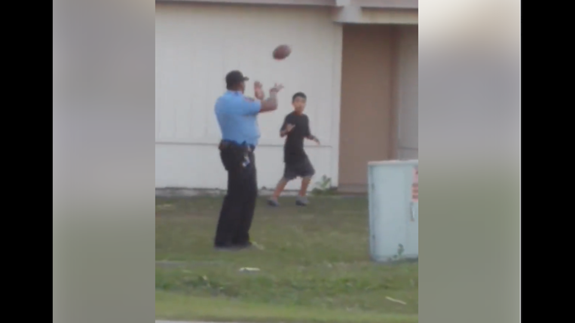 "I was on my way home when I noticed one of Kingsland, Police Officers playing a friendly game of football with some teens. This right here put a smile on my face, and yes I had to make a u-turn to capture this moment." - (Video provided by Pearl Stephen for First Coast News)