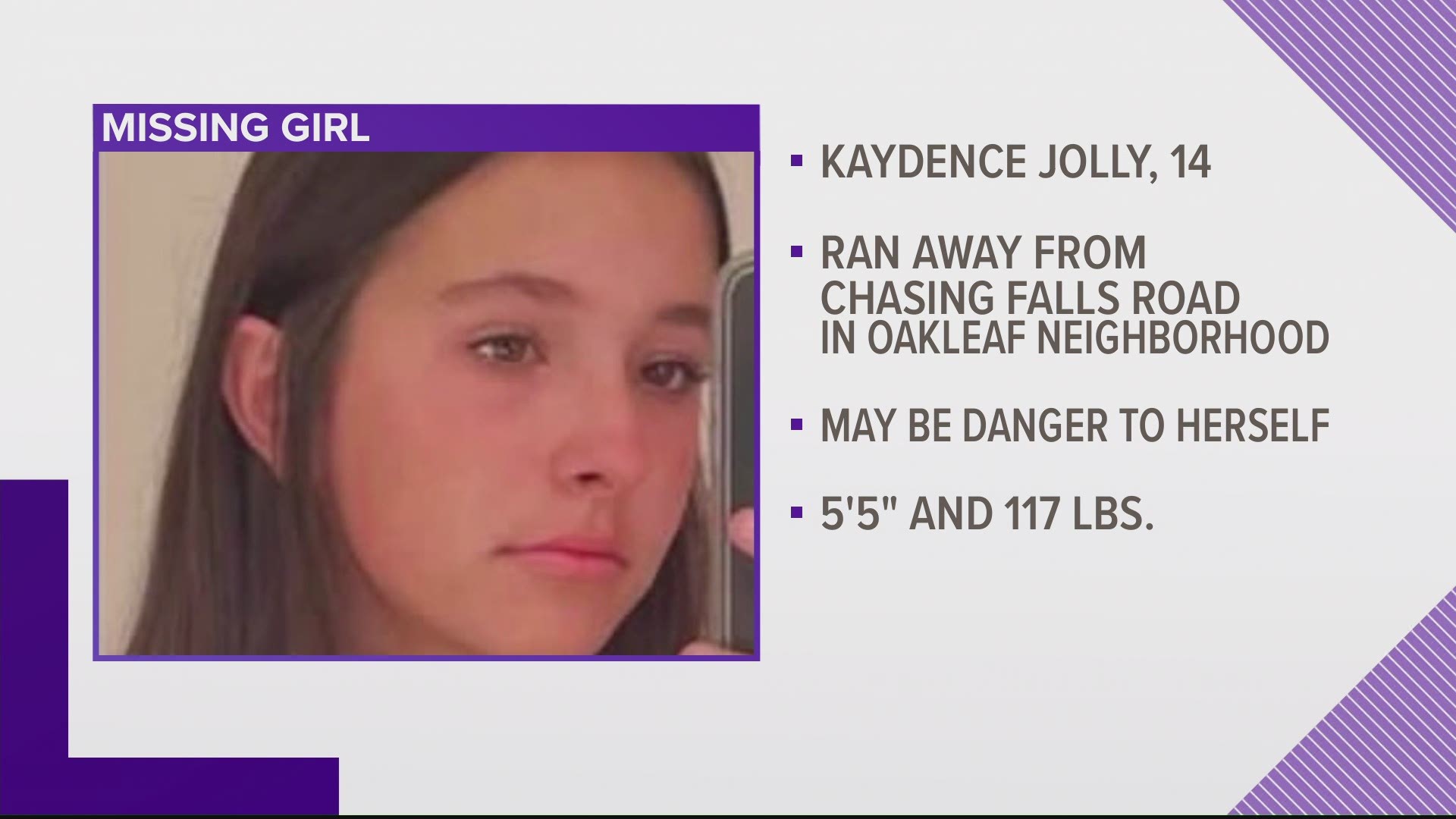 The Clay County Sheriff's Office believes Kaydence Jolly may be a danger to herself.