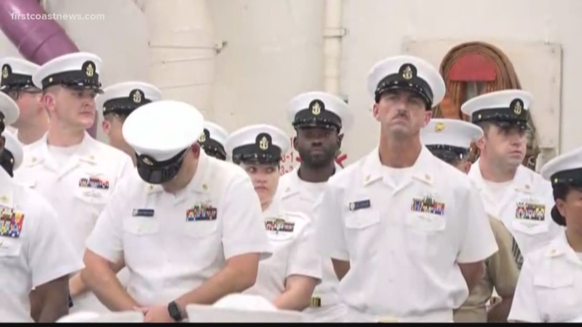 Sailors aboard the USS New York pay their respects every year to those who died in the terror attacks of Sept. 11, 2001. The plan for Tuesday is to perform the ceremony at Naval Station Mayport, the home base for the San Antonio-class amphibious transport