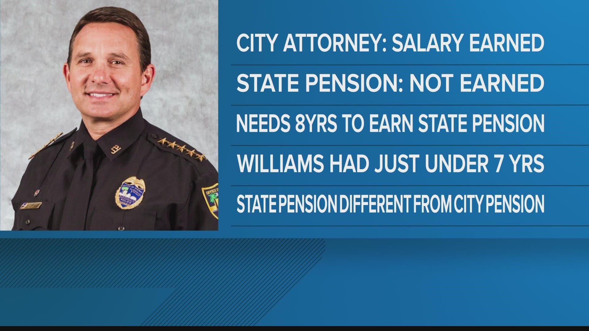 The Florida pension system requires eight years of employment. Williams served just under seven.