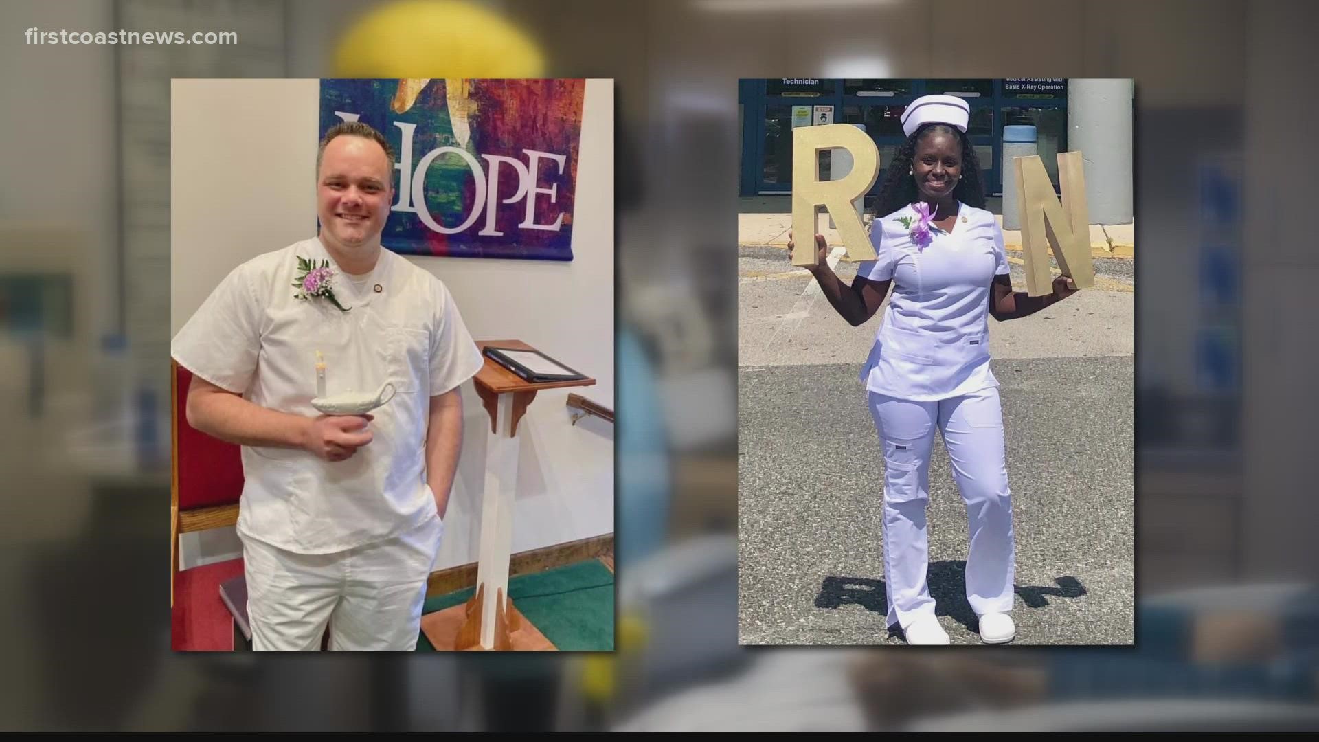 Katerrel Bibbins and Andrew Crawford are planning careers in nursing after graduating from the Orange Park college.